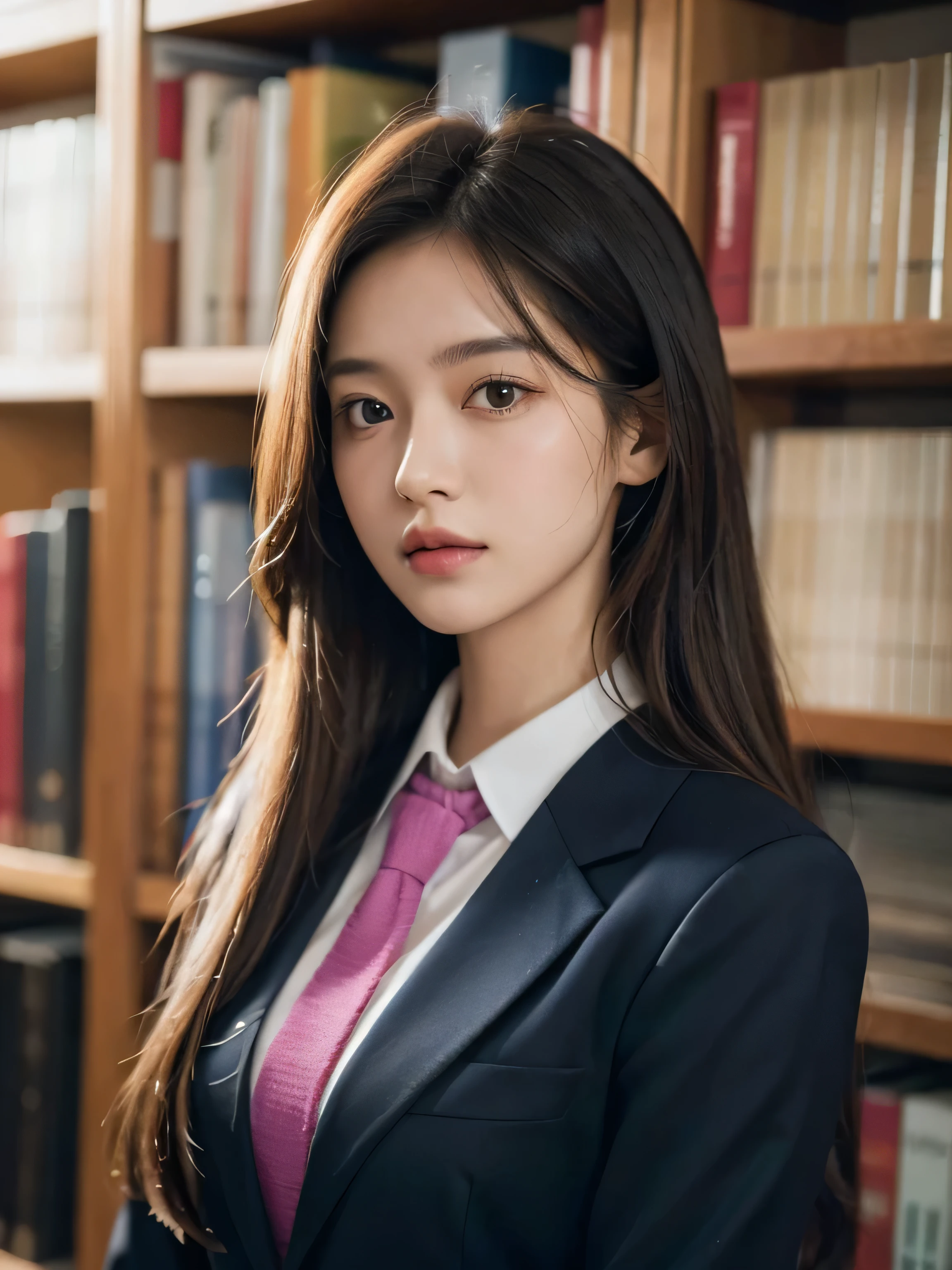 woman in a school uniform,half body shot,flowing hair,(best quality:1.2),(highres:1.2),(on the library:1.1),serious expression,bookshelf in the background,vivid colors,portrait style,detailed facial features,sharp focus,soft sunlight