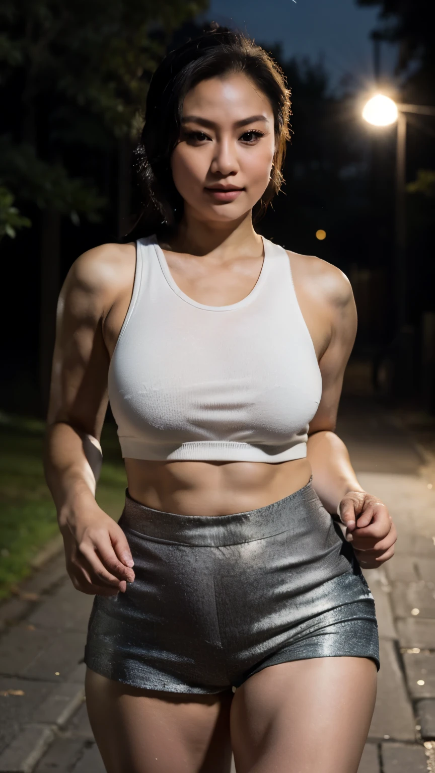 (Night - outside:1.75), Chinese 42 yo Milf, (fair complexion:1.25), very beautiful, (micro-tanktop:1.55), (micro-hotpants:1.75), ((massive breasts under the tanktop:1.25)), (I have thick milf's arms:1.65), fully clothed, (sneakers), ((jogging/running - at evening night)), (housing complex road at night - lonely neighborhood), (((full-body - head to boot))), professional photograph, award-winning portrait, masterpiece, high detail full-body view, symmetrical, Nikon D850, 85mm lens, f/1.8, depth of field