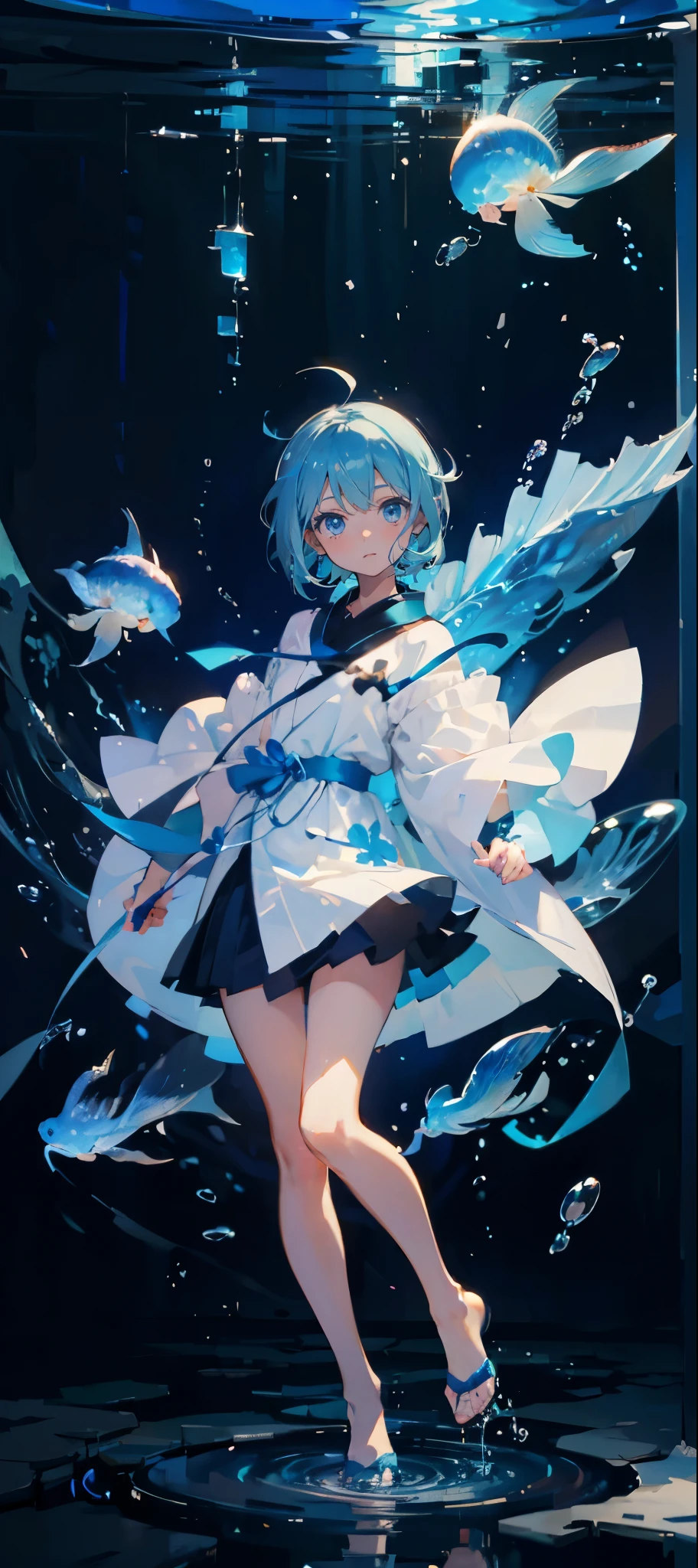 (muste piece), (best quality), very detailed, 1 girl, perfect face, (solo full body shot:1.3), very detailed顔,(Blue-haired shorthair:1.5),(blue eyes:1.4),(Oceanの中:1.4),Ocean,School of small fish,Light,bubble,jellyfish,Ocean藻,Red fish,Yellow fish,深Ocean,fantasy,Ocean底,float,(Ocean底都市:1.3)