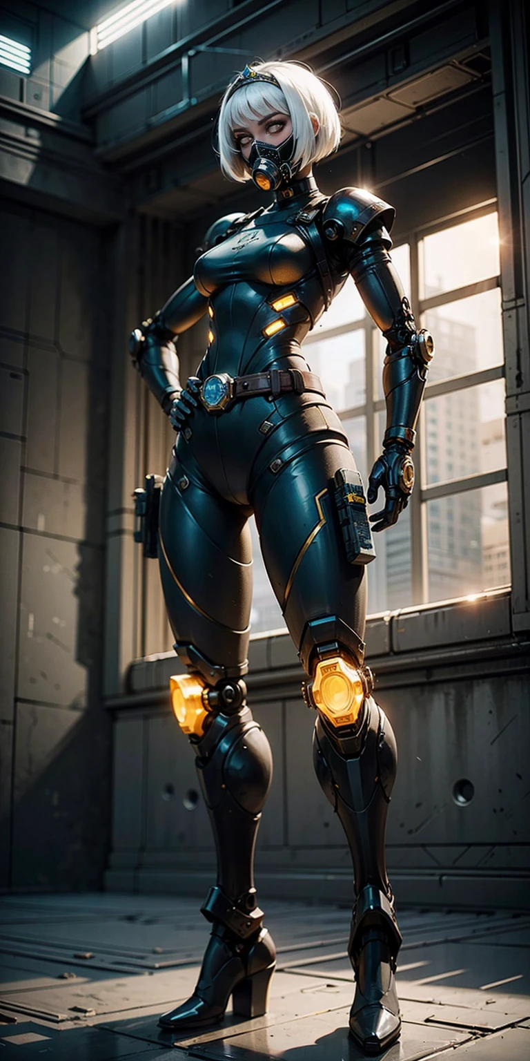 (masterpiece:1.2,high quality), 1girl, ((ultra realistic details)), global illumination, shadows, Unreal Engine, octane render, 8k, ultra sharp, metal, intricate, ornaments detailed, highly intricate details, yellow eyes, (mechanical body:1.2), white hair, (black gas mask), Gear, bob cut, hundreds of wires, Terran, (Robot, android:1.15), Apocalypse, broken buildings, full body, whole body. 1solo (girl). standing, hands on hips full body, whole body. choker, big belt, view from below, feet together, bracers, tiara
