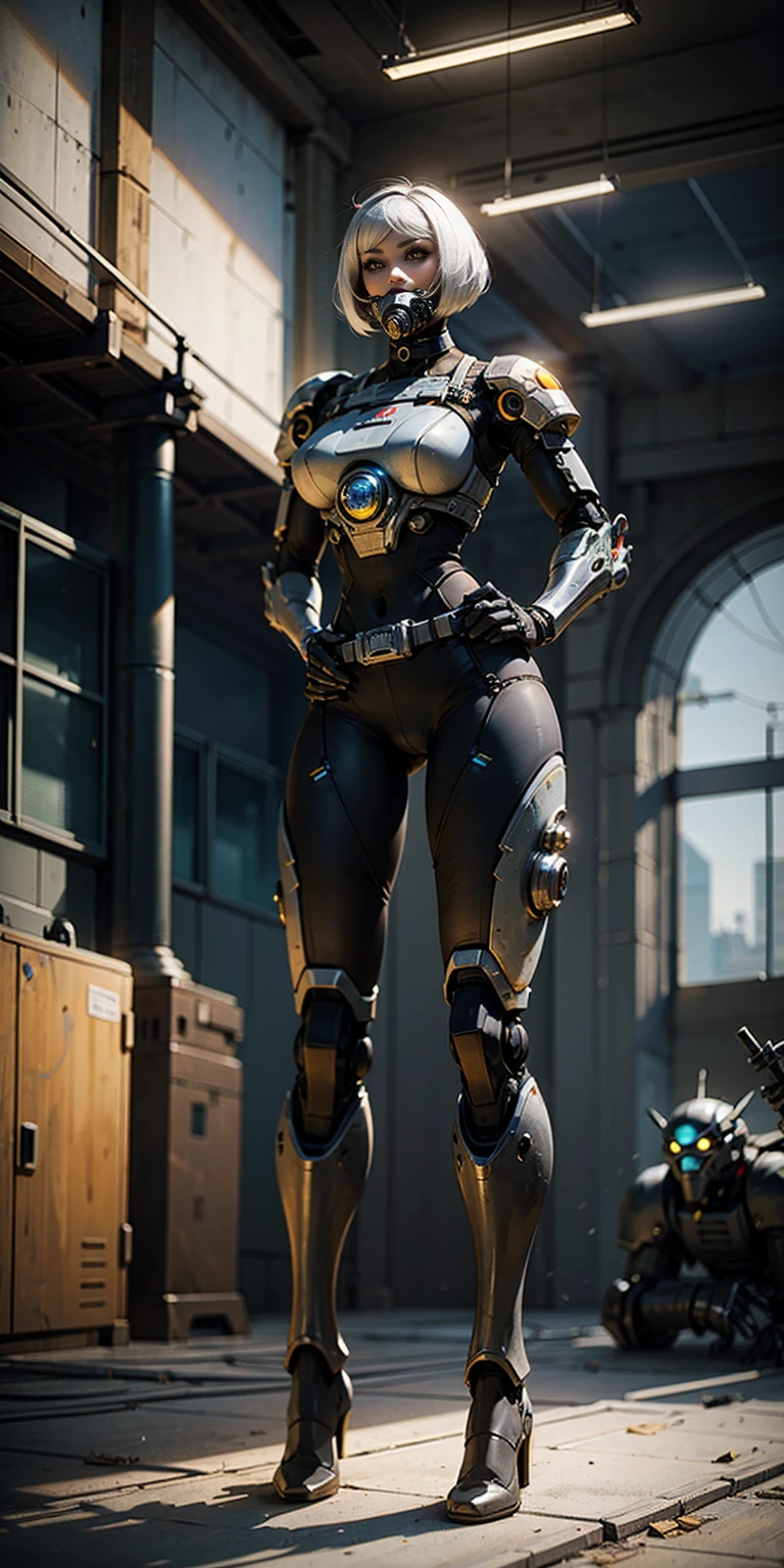 (masterpiece:1.2,high quality), 1girl, ((ultra realistic details)), global illumination, shadows, Unreal Engine, octane render, 8k, ultra sharp, metal, intricate, ornaments detailed, highly intricate details, yellow eyes, (mechanical body:1.2), white hair, (black gas mask), Gear, bob cut, hundreds of wires, Terran, (Robot, android:1.15), Apocalypse, broken buildings, full body, whole body. 1solo (girl). standing, hands on hips full body, whole body. choker, big belt, view from below, feet together, bracers, tiara