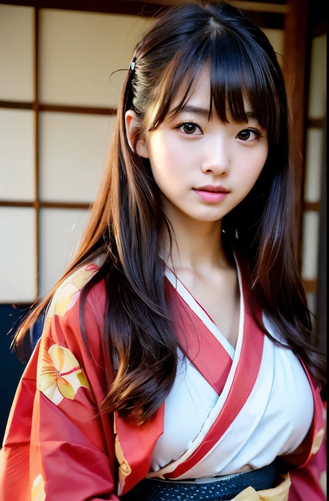 ((highest quality)), ((masterpiece)), (be familiar with), ((big breasts)), ((double)), perfect face ((((Japanese high school girl)))), (((kimono)), brown hair, ((Upper body)), long hair