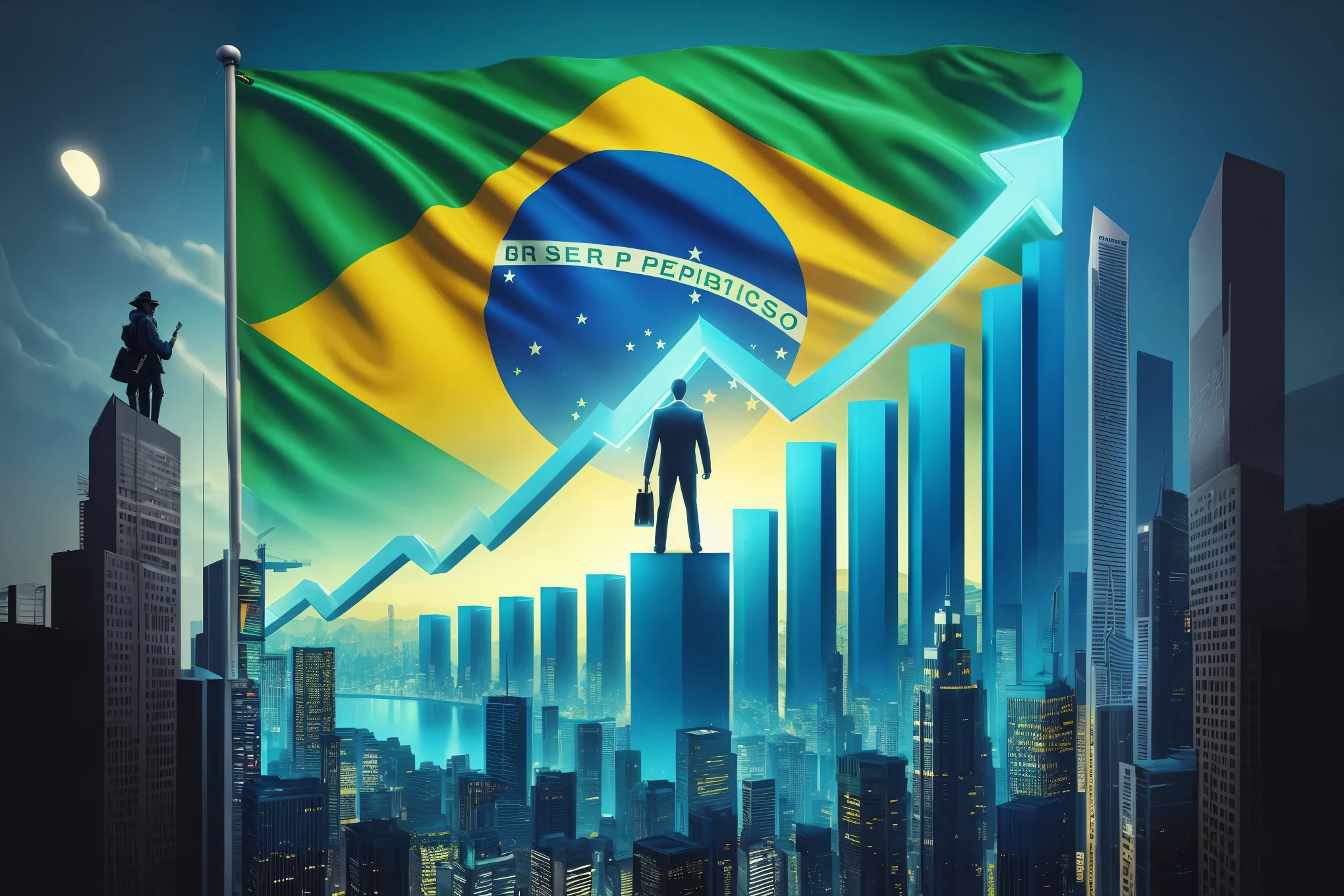 arafed man standing on a graph bar with a flag of brazil, by Samuel Silva, by Gabriel Ba, by Sam Dillemans, by Elias Ravanetti, by Luis Miranda, by Herbert MacNair, by Meredith Dillman, inspired by Antônio Parreiras, brazilian flag, by Willian Murai, by Teresa Fasolino