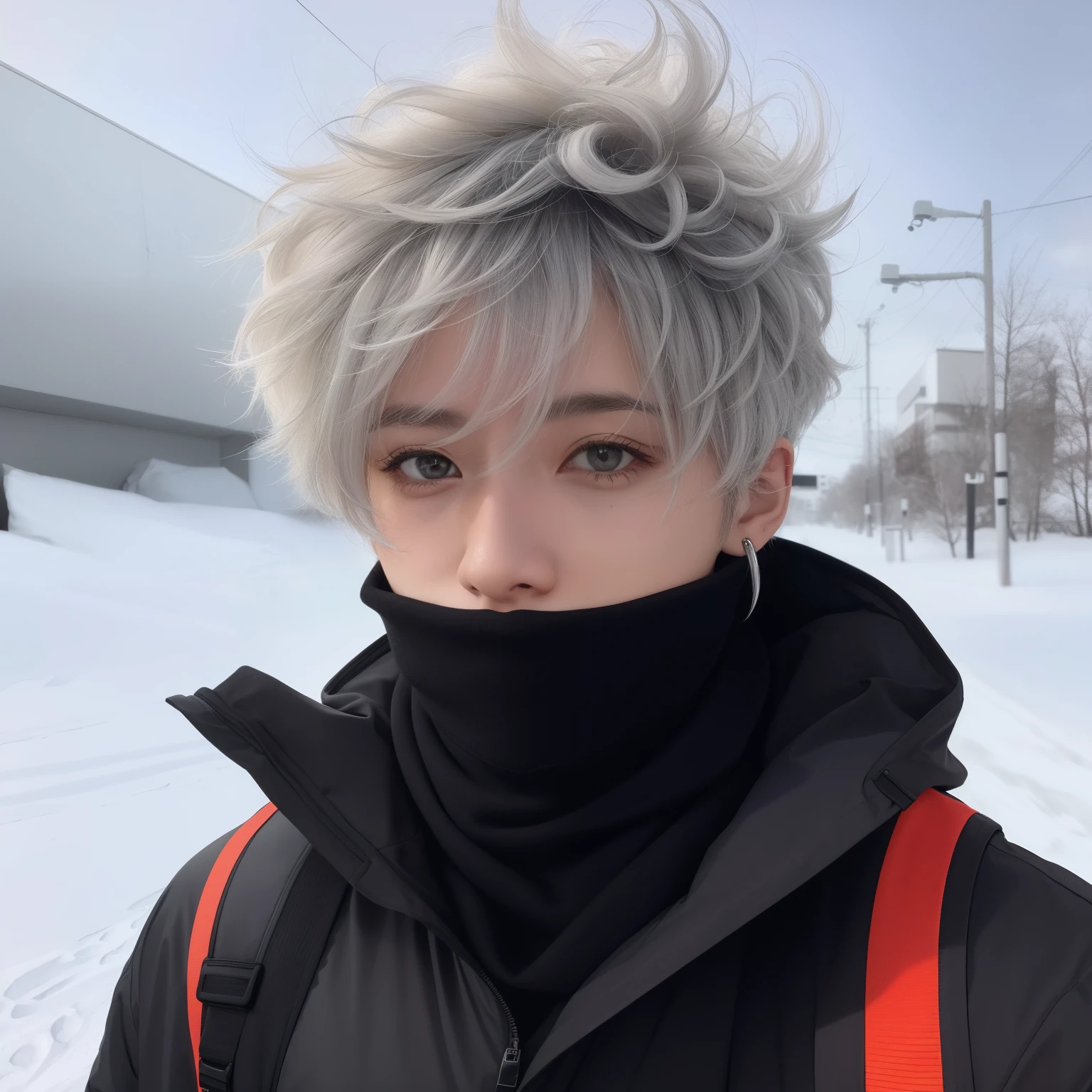 there is a man with a pelo canoso and a black jacket, el tiene pelos gris oscuro, cabello gris nublado, inspired by Taiyō Matsumoto, Su cabello es plateado, cabello plateadoed, xqc, Cabello de nubes, cai xukun, algunas canas, cold as ice! 🧊, pelo blanco como una nube, pelo canosoed, pelo canoso, cabello plateado