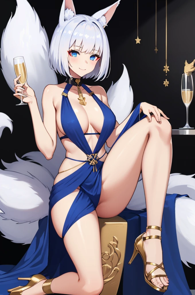 Azur Lane Kaga, 1 girl, masterpiece, best quality, KagaV4, 1girl, solo, breasts, looking at viewer, smile, short hair, bangs, blue eyes, large breasts, simple background, white background, dress, holding, animal ears, cleavage, bare shoulders, jewelry, sitting, closed mouth, tail, full body, white hair, sleeveless, high heels, cup, animal ear fluff, fox ears, makeup, blue dress, fox tail, fox girl, multiple tails, holding cup, drinking glass, eyeliner, invisible chair, kitsune, kyuubi, champagne flute, gold footwear, characters from azur lane,