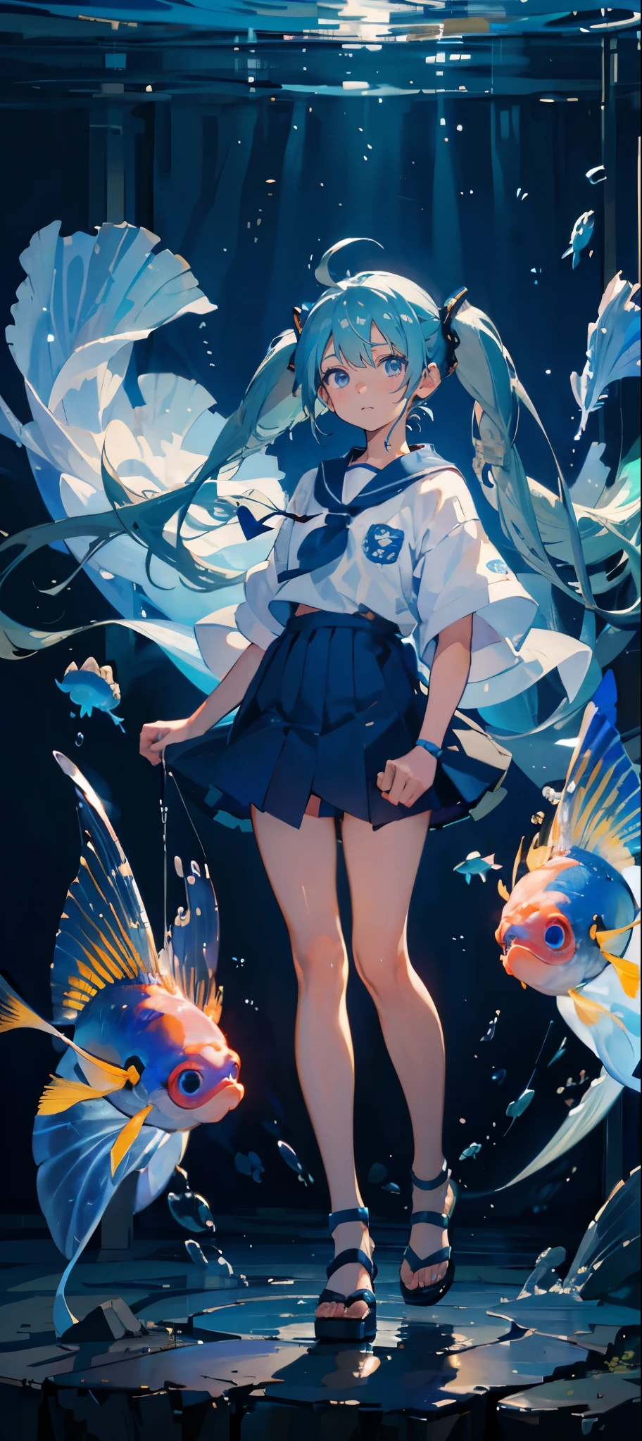 (muste piece), (best quality), very detailed, 1 girl, perfect face, (solo full body shot:1.3), very detailed顔,(Blue-haired twintails:1.5),(blue eyes:1.4),(Oceanの中:1.4),Ocean,School of small fish,Light,bubble,jellyfish,Ocean藻,Red fish,Yellow fish,深Ocean,fantasy,Ocean底,float,(Ocean底都市:1.3)