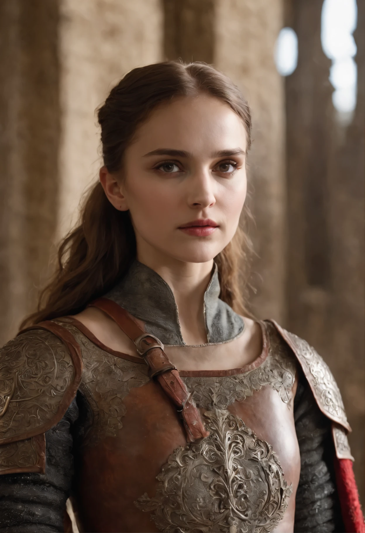 Natalie portman、Medieval knight、 girl、female knight in leather armor、Girl with beautiful face、Red-haired ponytail、Realistic facial skin、sharp focus, 美しい14才のNatalie portman、