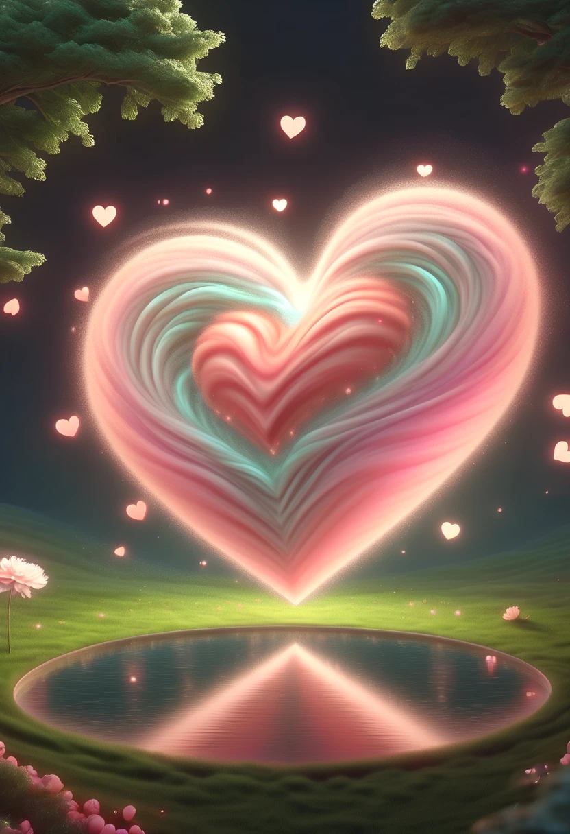 (pastel tones:1.5),Light style,cozy calm,nature,warm and comfortable,garden,hyper detailed masterpiece,dynamic,Amazing quality,Floating oversized ethereal pink heart