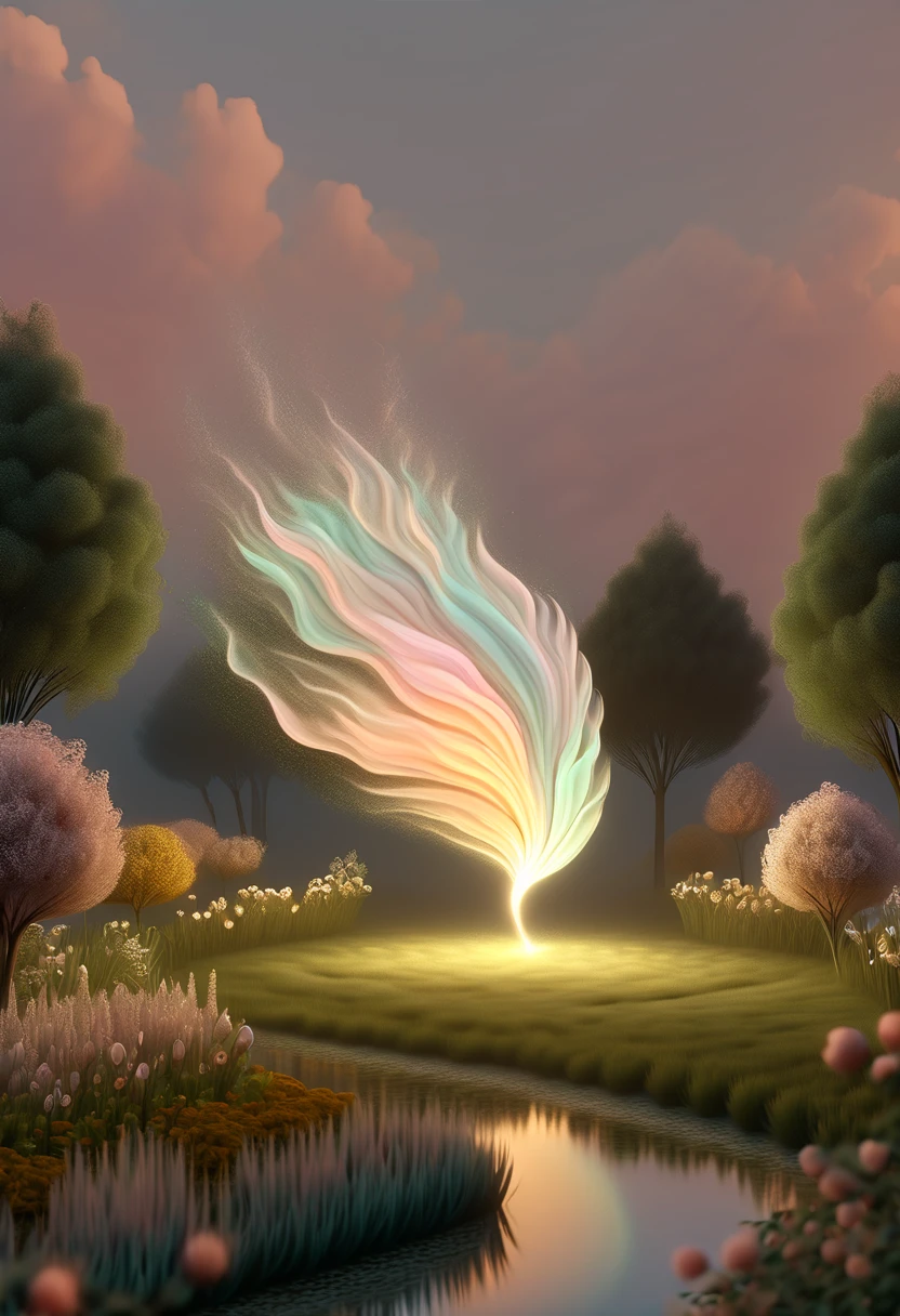 (pastel tones:1.5)，Light style，cozy calm，nature，warm and comfortable，garden，hyper detailed masterpiece, dynamic, awesome quality,floating oversized ethereal light