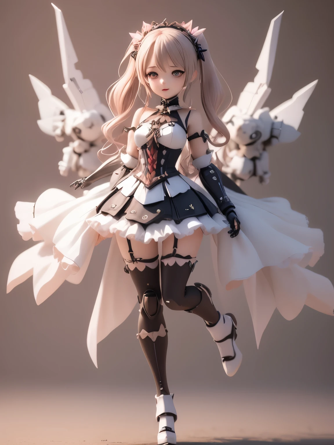 a girl,wear gothic ta clothes with white frills, She is fused with Gundam mecha,
full body:1.5,
 3D rendering, 
 portrait female anime, 
 cute 3d anime rendering, 
 cute detailed digital art, 
 3D rendering stylized, 
 3D renderingされたキャラクター アート 8k, 
 cute digital painting, 
 Anime style 3D, 
 Super detailed rendering, 
 weapon in hand, 
