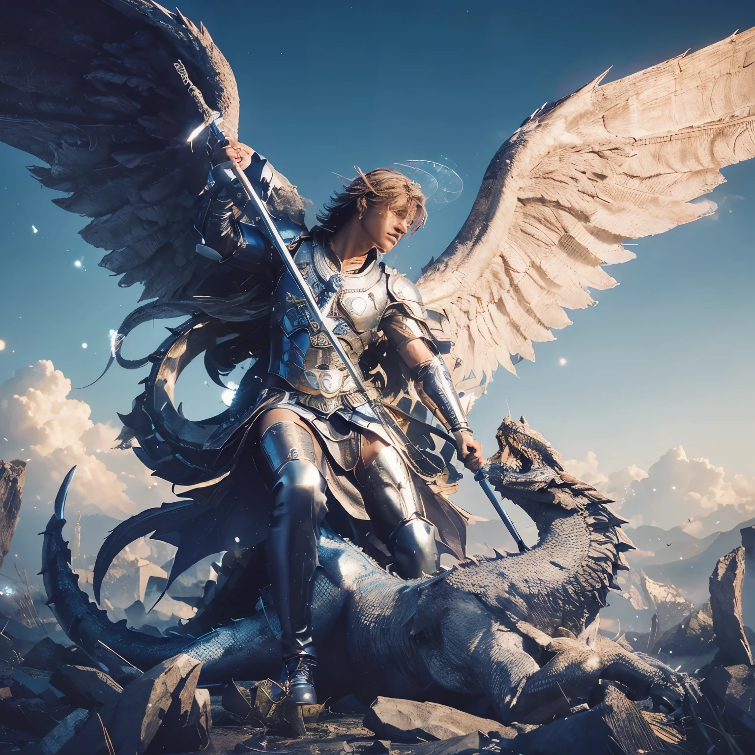 (((Male Guardian Angel Warrior killing to a dragon. . IN CUSTOM METALLIC COLORS maya blue))) luminoso, obra maestra, (Mejor calidad: 1.2), (super fine: 1.2), illustration, (extremadamente delicado y hermoso: 1.2), movie angle, flotante, (Hermoso detalle ojo: 1.1), (detalle de luz: 1.1), Movie Lights, Cielo delicado, ojos azules, (cola de caballo alta: 1. 1), capa, Ojeteador, cielo estrellado, (light particles: 1.1) Dibujo, flor. (obra maestra), (Mejor calidad), (fotorrealista:1.3), 8k, textura de piel detallada, Textura de tela detallada, hermoso rostro detallado, detalles intrincados, ultra detallado (Cuerpo completo:1.2)
Traducido con DeepL.con (Free version)