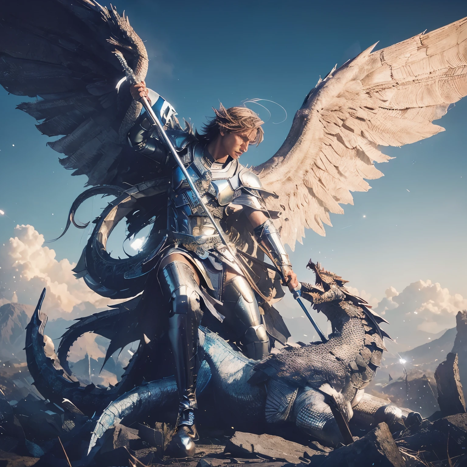 (((Male Guardian Angel Warrior killing to a dragon. 17 years old. IN CUSTOM METALLIC COLORS maya blue))) luminoso, obra maestra, (Mejor calidad: 1.2), (super fine: 1.2), illustration, (extremadamente delicado y hermoso: 1.2), movie angle, flotante, (Hermoso detalle ojo: 1.1), (detalle de luz: 1.1), Movie Lights, Cielo delicado, ojos azules, (cola de caballo alta: 1. 1), capa, Ojeteador, cielo estrellado, (light particles: 1.1) Dibujo, flor. (obra maestra), (Mejor calidad), (fotorrealista:1.3), 8k, textura de piel detallada, Textura de tela detallada, hermoso rostro detallado, detalles intrincados, ultra detallado (Cuerpo completo:1.2)
Traducido con DeepL.con (Free version)