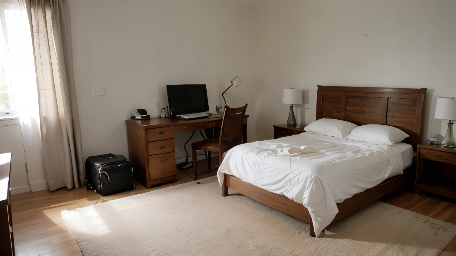 This image shows a luxurious bedroom in a spacious apartment. The room is large and bright, with a large window that lets in plenty of natural light. The walls are painted a soft white, and the floors are made of polished wood.
The focal point of the room is the large bed, which is covered in a plush white comforter. The bed is placed in the center of the room, with plenty of space around it for walking.
On the left wall is a grand piano. The piano is made of dark wood and has a gleaming finish. The piano is open, and a sheet of music is spread out on the stand.
On the right wall is a desk. The desk is made of the same wood as the piano, and it has a sleek, modern design. On the desk is a laptop computer, which is open and running.
The room is also furnished with a few other pieces of furniture, including a dresser, a nightstand, and a chair. The furniture is all made of high-quality materials and is arranged in a way that is both stylish and functional.