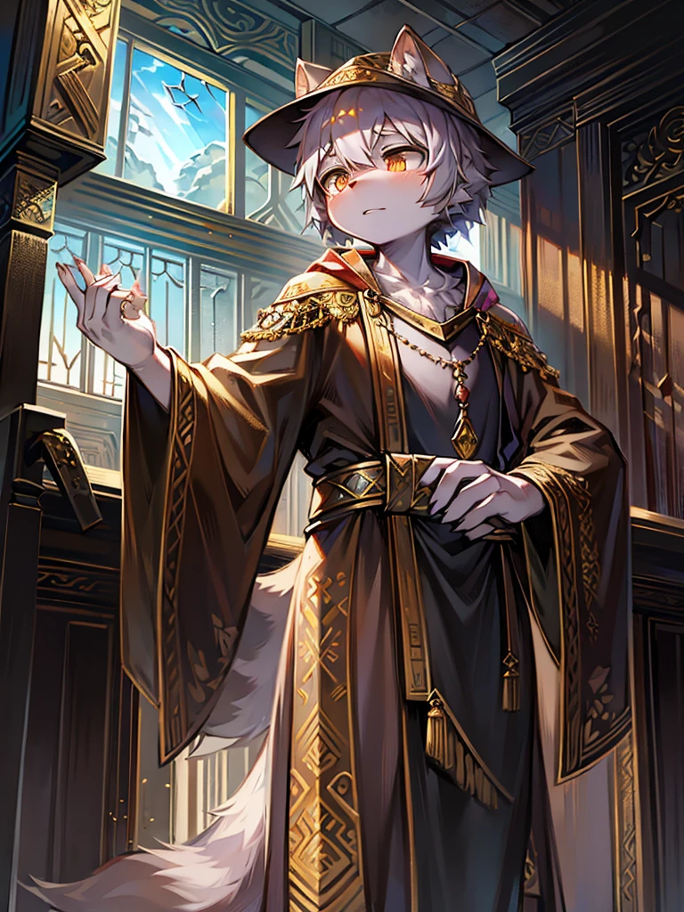 A raccoon,pattern,Inside the courtroom,standing in a temple,Hand holding amulet,Ornate robe,flowing robe,dark clouds,window,one person,Round ears,golden pupils,Cute Shota,Serious expression,窗外的dark clouds,trekking poles,Long tail,Stretch out a finger,Hold your hand and carry it,Gold decoration,Dilapidated environment