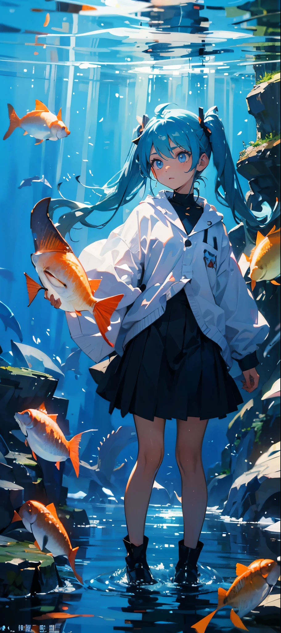 (muste piece), (best quality), very detailed, 1 girl, perfect face, (solo full body shot:1.3), very detailed顔,(Blue-haired twintails:1.5),(blue eyes:1.4),(in water:1.4),Ocean,School of small fish,Light,bubble,jellyfish,Ocean藻,Red fish,Yellow fish,深Ocean,fantasy,Ocean底,float,(Ocean底都市:1.3)