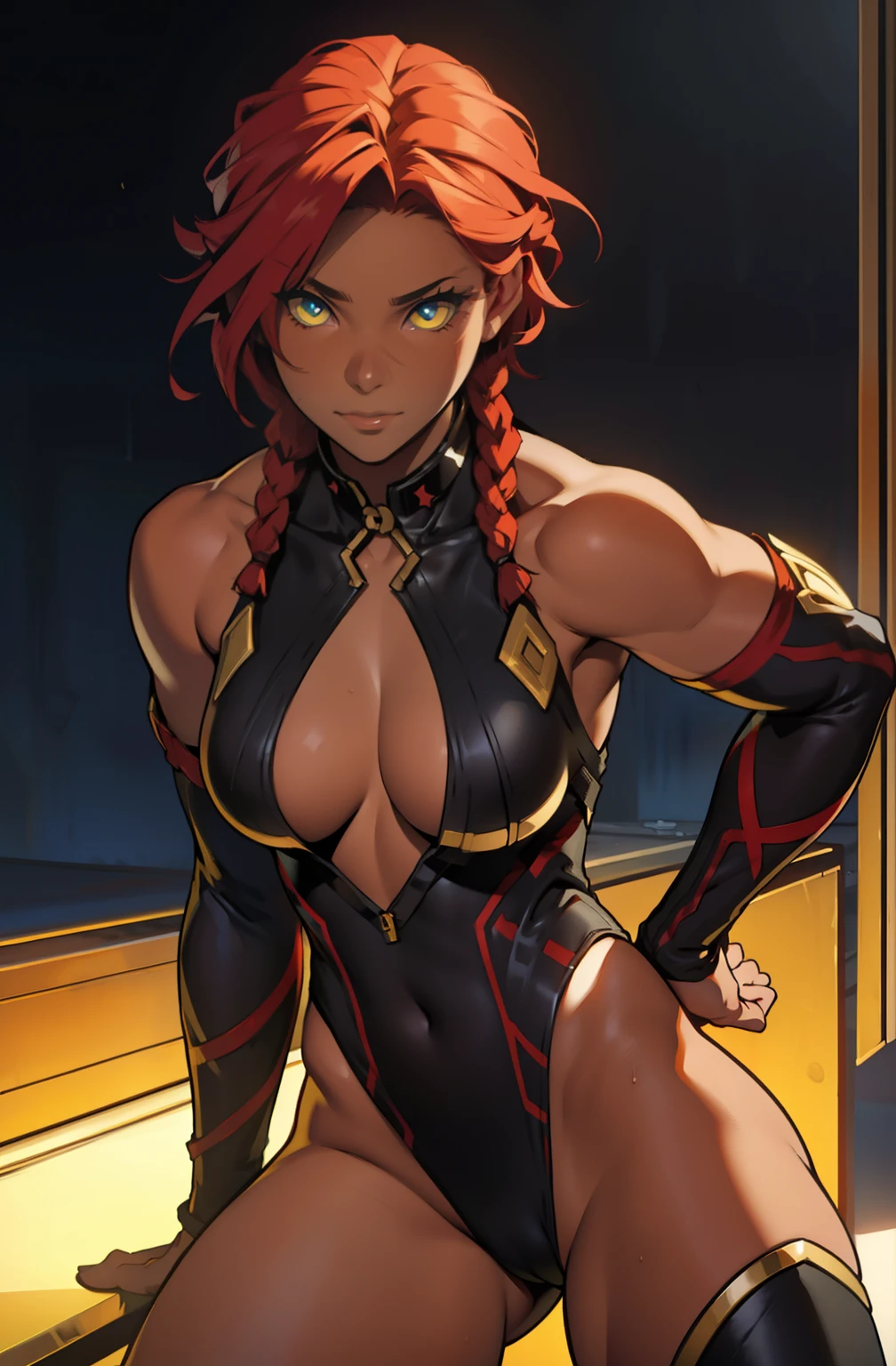muscular girl,, ((1woman)), medium , (yellow eyes), red hair, short hair, long twin_low_braids, dark skin:1.3 , seductive expression, cleavagleg leotard , ((detailed eyes, perfect eyes)), detached sleeves,