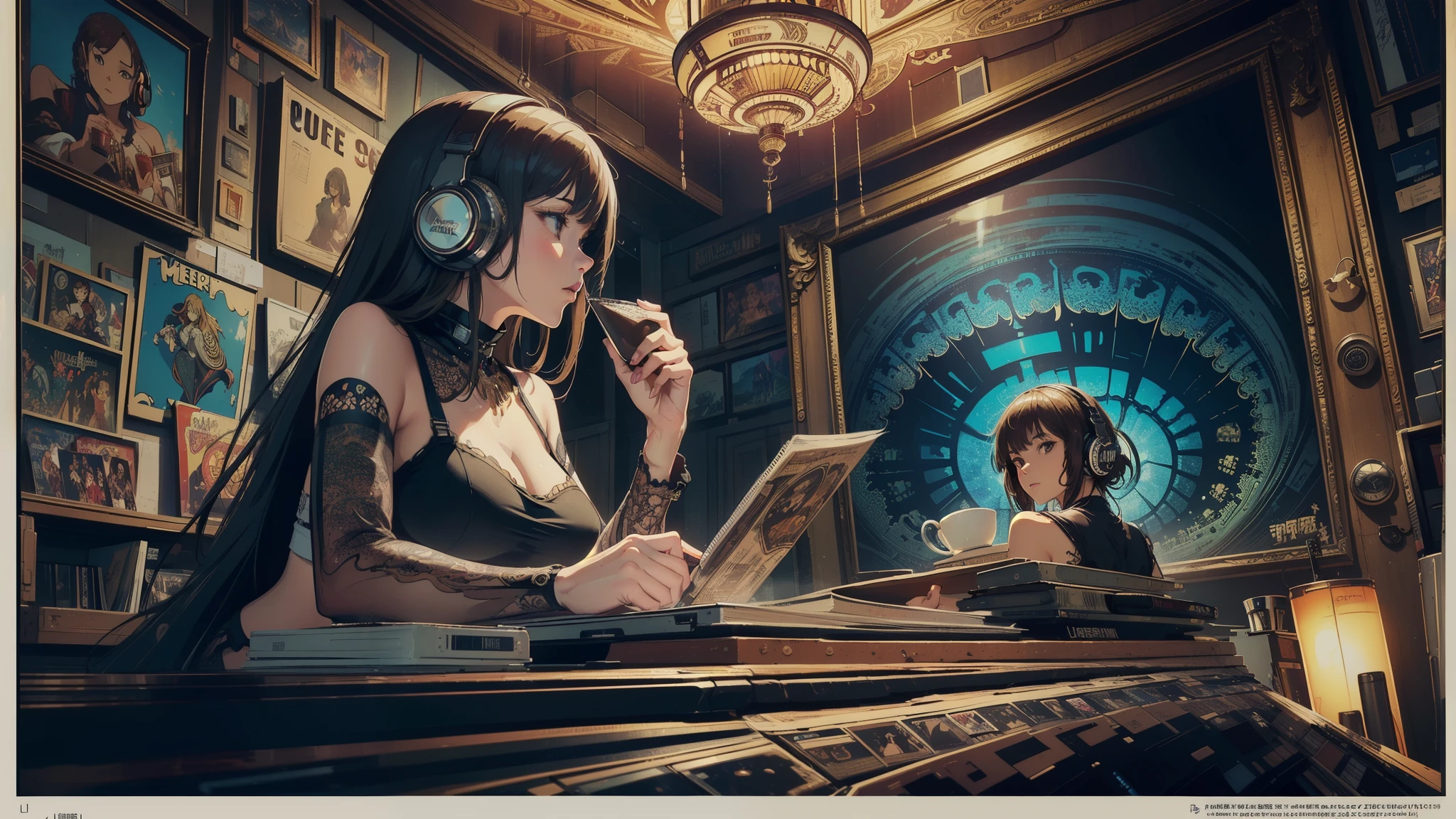 (longshot), wideshot, (film noise), old cartoon, (lots of records:1.3), coffee shop, (masterpiece, highest quality, highest quality, official art, beautiful and aesthetic: 1.2), (woman listening to music with 1 headphones), very detailed, (fractal art: 1.4), supreme detail, coffee makers, (notes: 1.4), ( lo-fi hip-hop), side view, anime texture, solo, picture of coffee shop