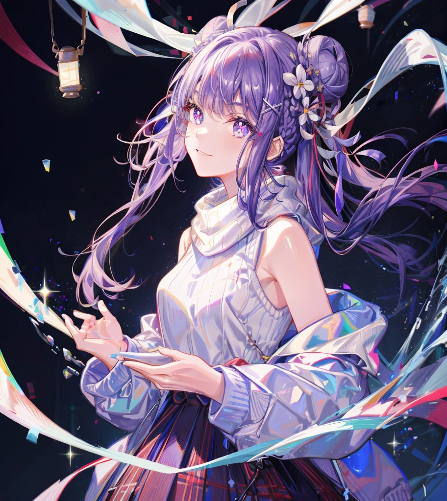 (Realistic painting style:0.9), masterpiece, best quality, absurdres, looking at viewer, solo, keqing (lantern rite) (genshin impact), keqing (genshin impact), hair bun, skirt, scarf, purple sweater, white skirt, purple hair, sweater, twintails, purple eyes, diamond-shaped pupils, hair ornament, bare shoulders, smile, breasts, cone hair bun, long hair, belt, double bun, long sleeves, bangs, bow, hair flower, hair bow,ribbon, hair ribbon, braid, plaid scarf, plaid, off shoulder