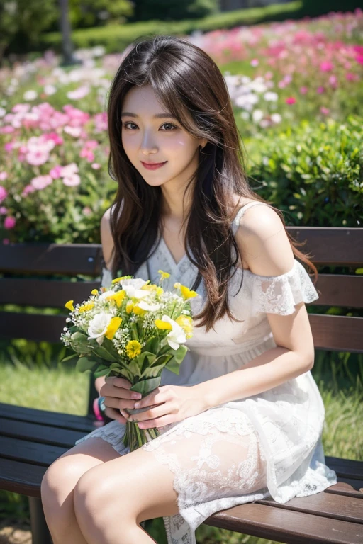 Ulsan-6500-V1.1、Extremely detailed、High definition、Raw color photo、wide shot、1 young woman、Kpop Girl、high detail skin、soft light from above、vivid colors、shiny white skin、wonderful face and eyes、Light makeup、Smile、A long lace dress as fluffy as a feather、long legs、flower garden、sit on a bench、Bouquet in hand、
