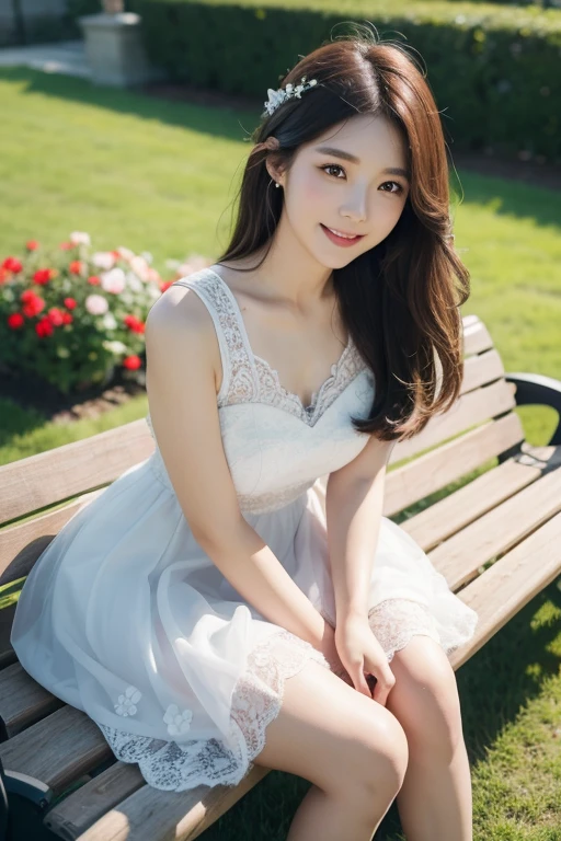 Ulsan-6500-V1.1、Extremely detailed、High definition、Raw color photo、wide shot、1 young woman、Kpop Girl、high detail skin、soft light from above、vivid colors、shiny white skin、wonderful face and eyes、Light makeup、Smile、A long lace dress as fluffy as a feather、long legs、flower garden、sit on a bench、Bouquet in hand、