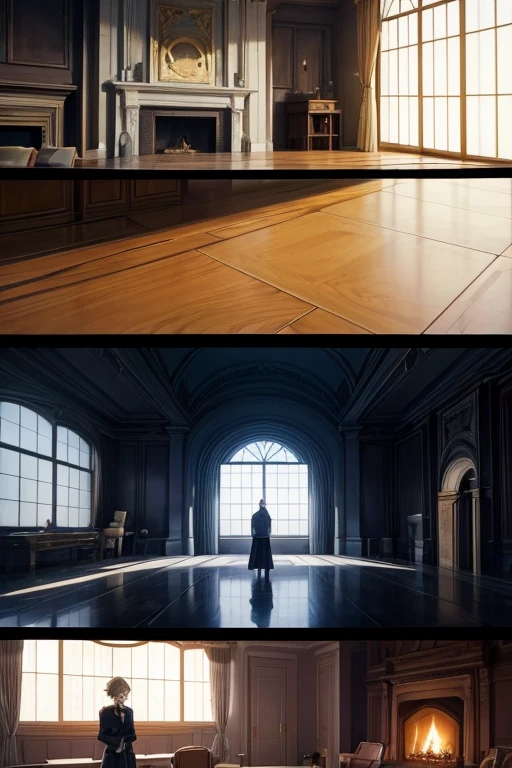 There were two people standing in a room with a fireplace, cutscene footage, screenshot from the anime film, cinematics, In animated films《Ergo Agent》Curly, anime movie screenshot, opening scene, last exile anime, dead bodies in the background, in the anime film, anime scene, incredible anime movie scene, anime movie scene, animation still screencap