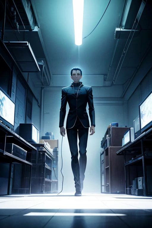 Image of a man standing in a dark room with a ladder, In animated films《Ergo Agent》Curly, in the anime series ergo proxy, From Game Pathology 2, still from animated horror movie, screenshot from the anime film, in the anime film, still from tv anime, screenshot from guro anime