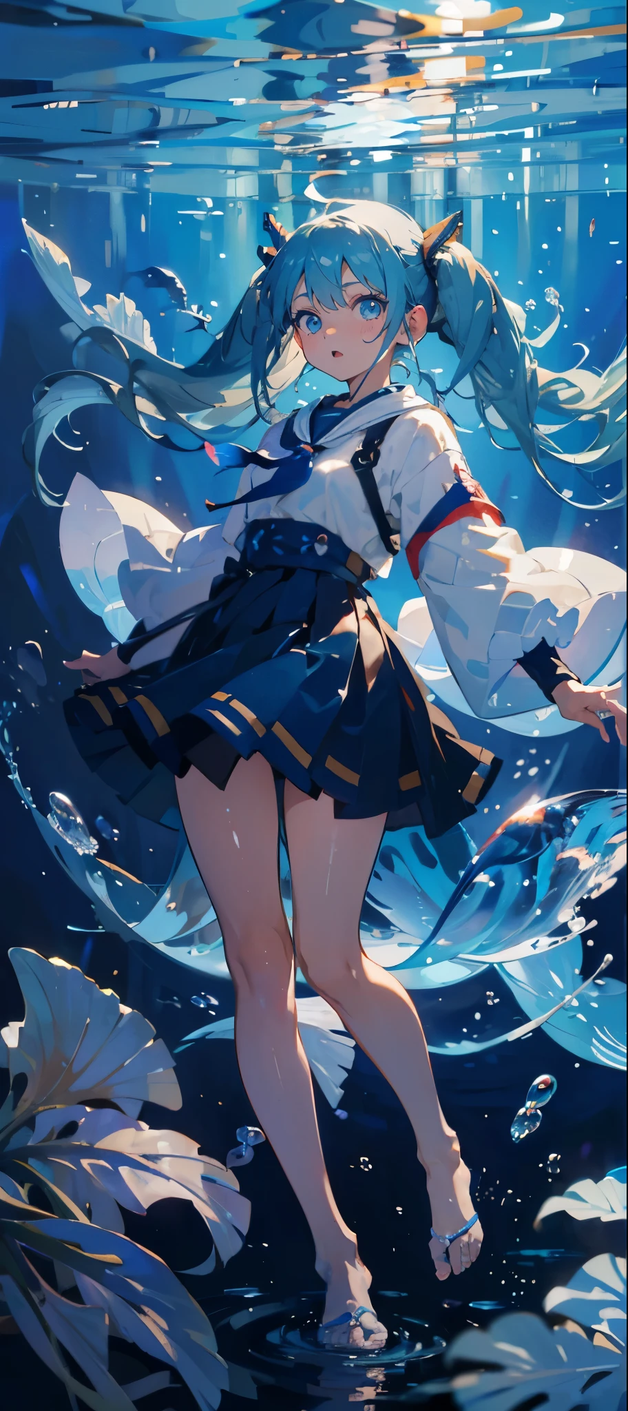 (muste piece), (best quality), very detailed, 1 girl, perfect face, (solo full body shot:1.3), very detailed顔，(Blue-haired twintails:1.5)，(blue eyes:1.4)，(in water:1.4)，Ocean，School of small fish，Light，bubble，jellyfish，Ocean藻，Red fish，Yellow fish，深Ocean，fantasy，Ocean底，float，(Ocean底都市:1.3)，open your mouth