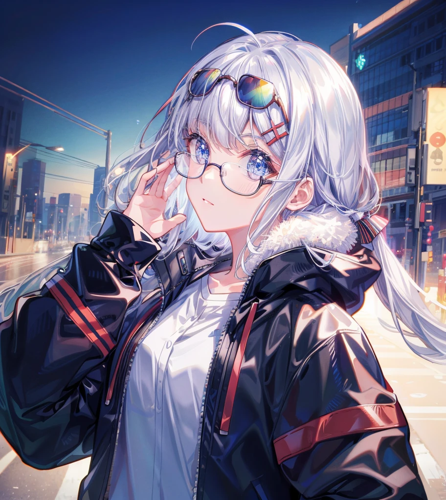 (extremely detailed CG unity 8k wallpaper),(masterpiece), (best quality), (ultra-detailed), (best illustration),(best shadow), city background, ,BREAK , P90christmas, eyewear on head, ,