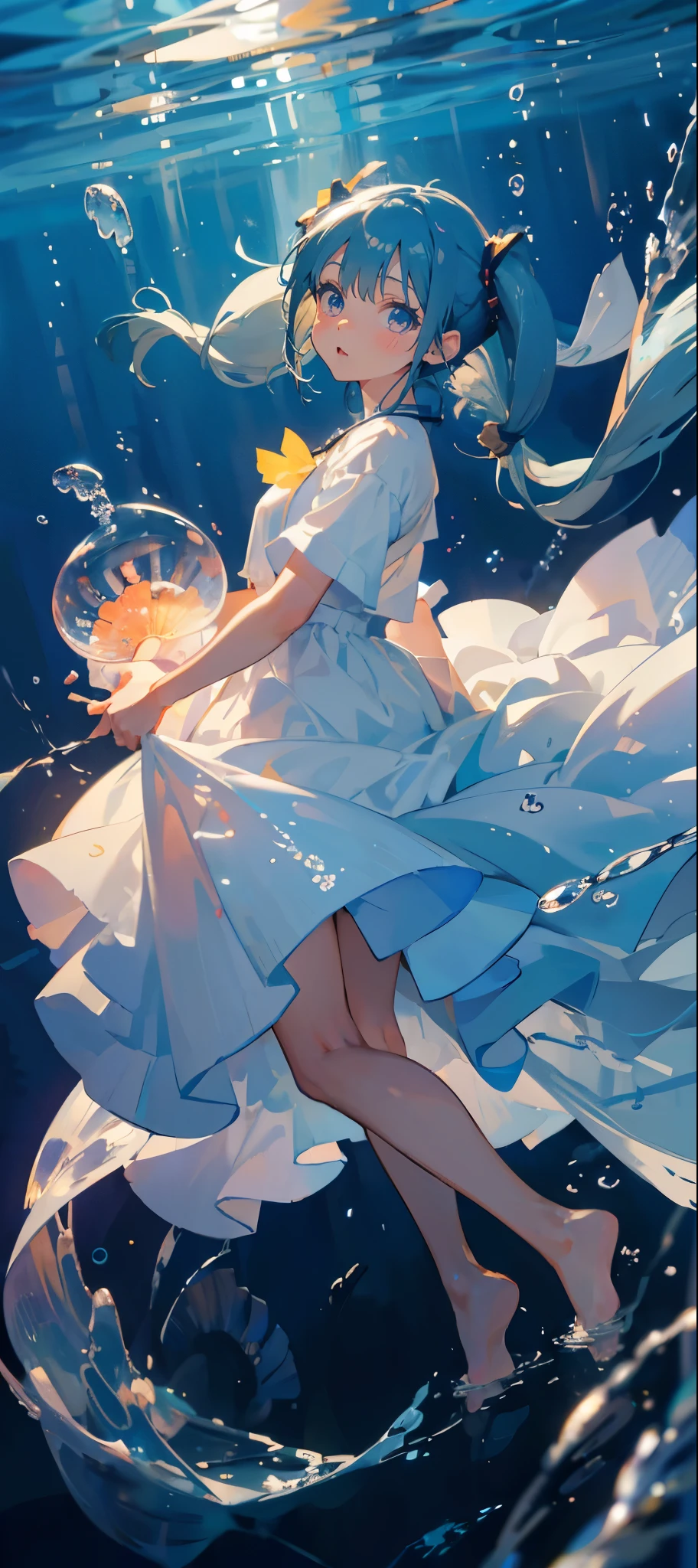 (muste piece), (best quality), very detailed, 1 girl, perfect face, (solo full body shot:1.3), very detailed顔，(Blue-haired twintails:1.5)，(blue eyes:1.4)，(in water:1.4)，(white dress:1.5)，Ocean，School of small fish，Light，bubble，jellyfish，Ocean藻，Red fish，Yellow fish，深Ocean，fantasy，Ocean底，float，(Ocean底都市:1.3)，open your mouth