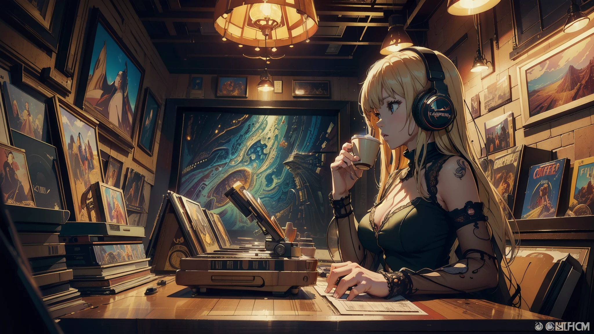 (longshot), wideshot, (film noise), old cartoon, (lots of records:1.3), coffee shop, (masterpiece, highest quality, highest quality, official art, beautiful and aesthetic: 1.2), (woman listening to music with 1 headphones), very detailed, (fractal art: 1.4), supreme detail, coffee makers, (notes: 1.4), ( lo-fi hip-hop), side view,  anime texture, solo, picture of coffee shop