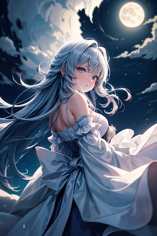 Close-up of the full moon,There is a background of clouds and sky, moonlit night dreamy atmosphere, the cloudy moonlit sky, full moon in clouds, with full moon in the sky, Atmospheric Full Moon, magical moon shines overhead, moonlit clouds background, Moon in the night sky, moonlit night sky, moon light in the top background