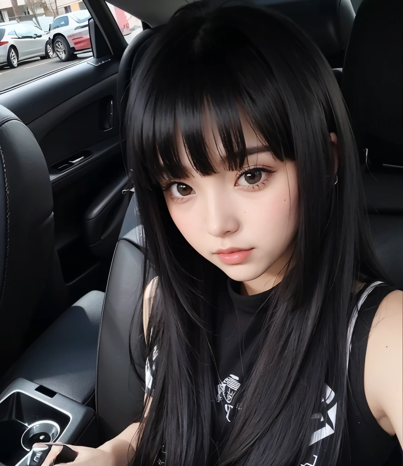 Arafed Mujer con cabello largo y negro sentada en un auto, she has black hair con flequillo, ulzzang, long black hair con flequillo, long dark hair con flequillo, flequillo negro, cabello con flequillo negro, con flequillo, pelo cortado hime negro, con flequillo completo, neat hair con flequillo, flequillo largo y recto, long hair con flequillo