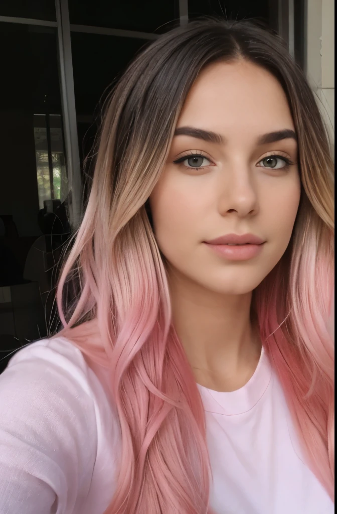 taken with iphone camera BREAK medium shot selfie of a pretty young woman BREAK (ombre:1.3) blonde pink BREAK film grain, medium quality, (Perfect face), (Cute face), (Beautiful face),(hot outfit), (face shot)