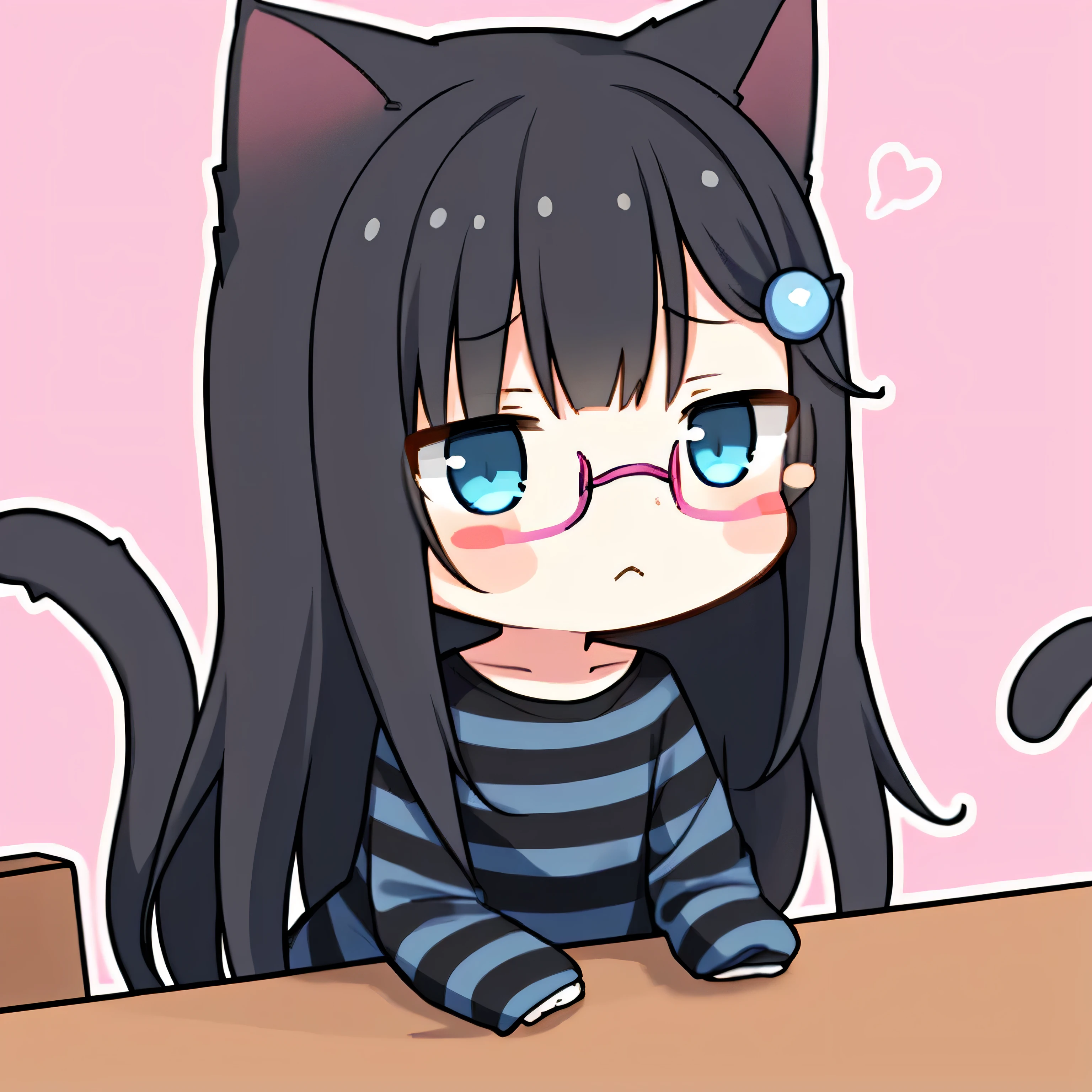 chibi, nachonekotype, animal ears, cat ears, shirt, black hair, blue eyes, tired eyes, square black glasses, thick frame glasses, tail, long hair, hair ornament, closed mouth, striped, bangs, blush stickers, striped shirt, left shoulder exposed, cat tail, solo, cat girl, long sleeves, sleeves past fingers, desk in front of character, arms on the desk, upper body, blue shirt, hairclip, blush, pink background, cat hair ornament, virtual youtuber