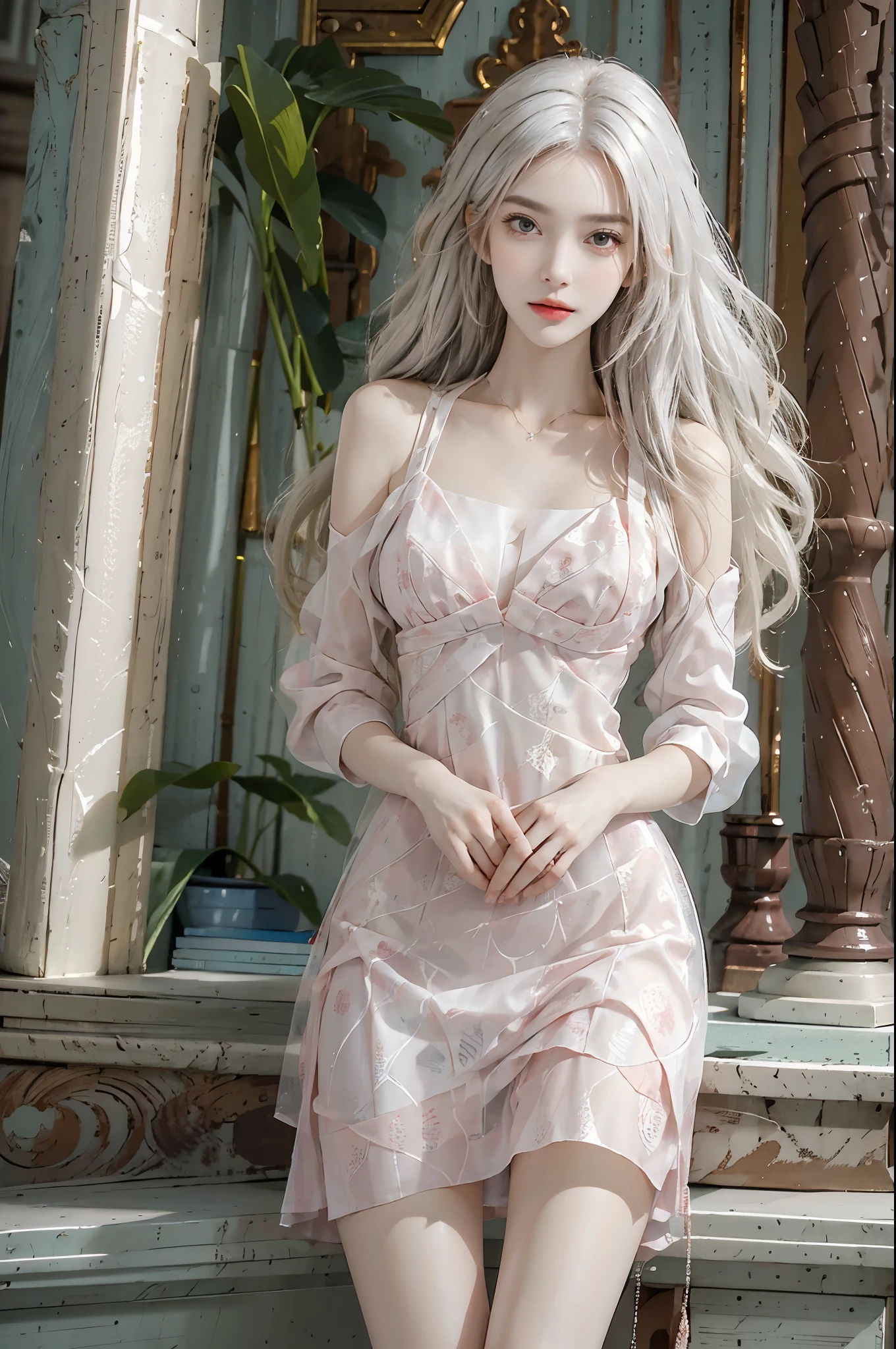 Sweet girl dress2,dress, ((knee shot)), (Realistic), real picture, lifelike,high resolution,1 female,solo,Lift your hips,Sexy beauty,slim body,slender legs,lean forward,elegant posture,sensual and alluring poses,Warm colors,beautiful eyes,looki at viewer,intimate lips,Delicate face,white hair,long hair,library