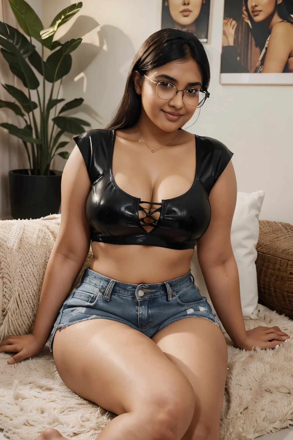 (RAW) Indian woman wearing black latex top and denim shorts, 20 years old, (chubby cheeks:1.2), (curvy body:1.3), (eyeglasses), (bindi), An Indian beauty, charismatic, light Indian- skin, view the viewer, naughty smile, in living room (Modern Indian Living room), (detailed facial features), hd, 2k, 4k , 8k, 16k.