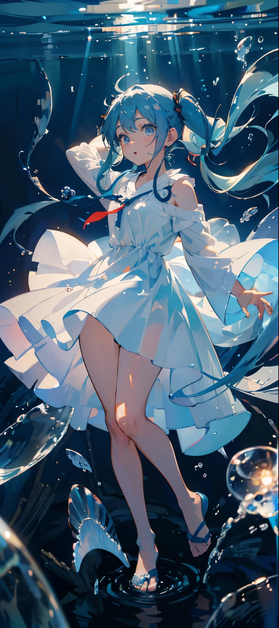 (muste piece), (best quality), very detailed, 1 girl, perfect face, (solo full body shot:1.3), very detailed顔,(Blue-haired twintails:1.5),(blue eyes:1.4),(in water:1.4),(white dress:1.5),Ocean,School of small fish,Light,bubble,jellyfish,Ocean藻,Red fish,Yellow fish,深Ocean,fantasy,Ocean底,float,(Ocean底都市:1.4),open your mouth