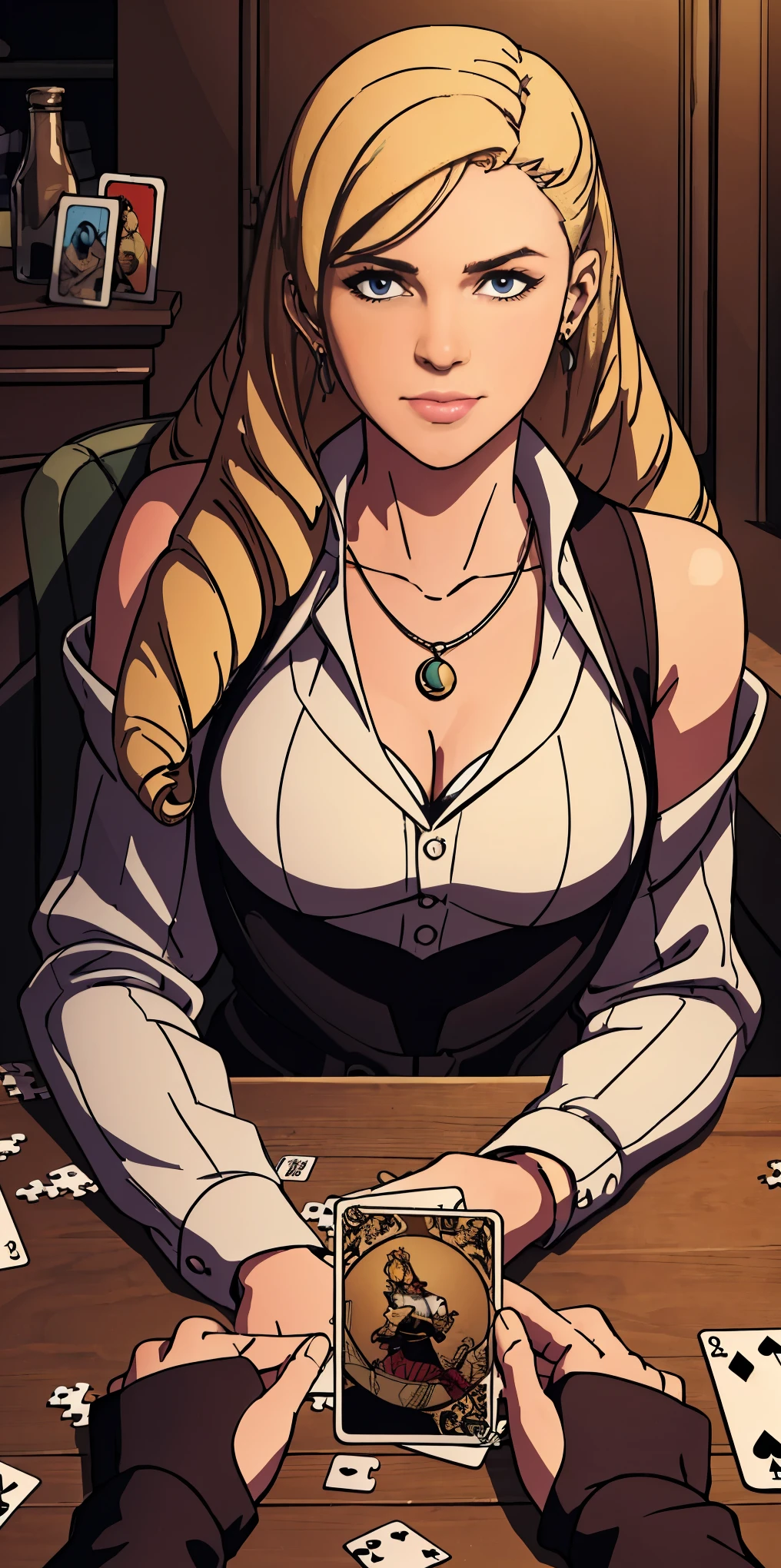 Highly detailed, High Quality, Masterpiece, beautiful, PlayingCards, 1slave girl, solo, holding, card, table, holding card, sitting, indoors, playing card, pov across table, closed mouth, looking at viewer, Forrest, Blonde hair, jacket on shoulders, necklace, big pendant, sleeveless shirt, millennium puzzle
