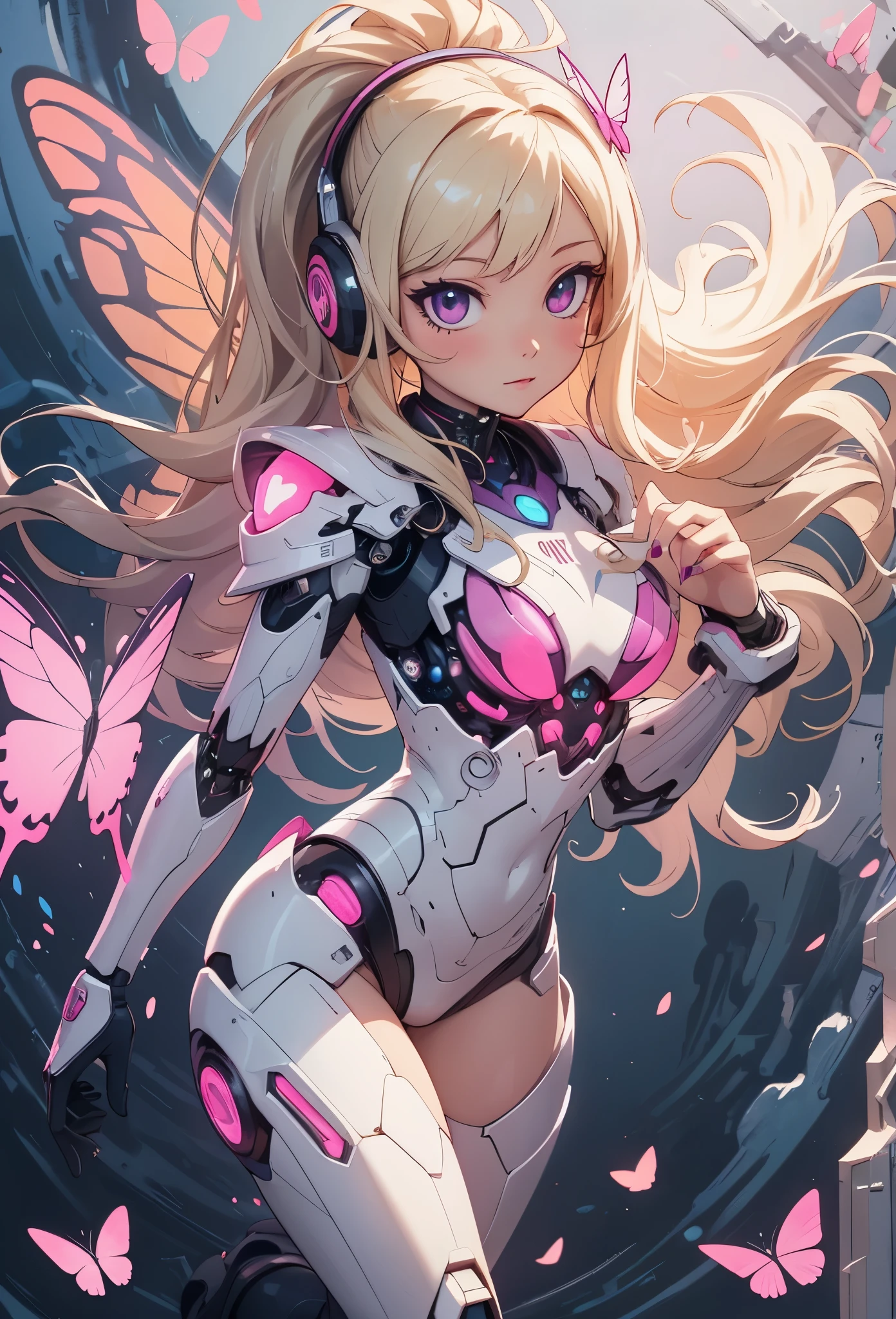 ((Highly accurate drawing in every detail)Extremely precise depiction)[High resolution],(detailed illustrations,とてもfineで緻密な描画,Delicate drawn lines with tempo,Realistic texture expression),[color traced main line],[labo],[[HENTAI]] ANIME (CYBERGirl anime Beauty 13 years old Cyborg[wavy hair (platinum blonde)]),([Butterfly wings] Magenta-pink Papillon cybernean armor [Aurora Armor] Fuselage only transparent material) Cyber Headset,(cybernetic [clear lenticular iris]),(intricate and beautiful decoration [Dense detail]),(Fine and beautiful skin expression [transparency]),[完璧な目のdetailed (Beautifully detailed iris)(Eyes like deep jewels)],(eyes light[Pinpoint lighting for the eyes]),[long and beautiful eyelashes],[precisely drawn hair [美しく艷やかな髪のdetailed]],(完璧な手のdetailed [Beautiful fingers with no damage [beautiful nails]]),(perfect anatomy(perfectly balanced proportions))[[full body portrait]],[[Design built to the highest level]][ideal color coordination(Accurate simulation of light and material interactions)],([Precision Detail](detailed,高fine)),[Visual art that tells a story],((highest quality)fine[[High density drawing]])[FHD].