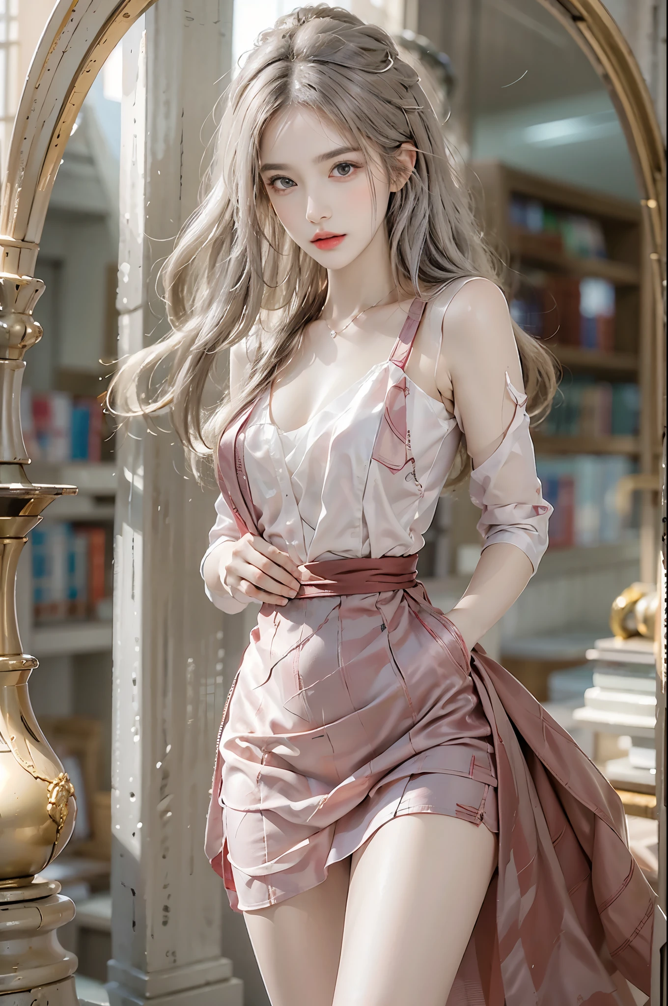 bright silver futuristic goddess girl in coverall ((bloody-red pleated skinny suit)) with (golden lines) accents (((skirt))) (((goddess robe with long sleeves))) with fireball, (crop robe), (runes on skin), epic, elite, ((lacy)), futurism, cyberpunk, silk, fur, (stockings), decollete, natural breasts, slim body, zettai ryouiki, ((((medium length hair)))), (silver-hair) and red highlight streak in hair, (beautiful detailed bright ((glowing)) fire eyes), portrait, (beautiful and aesthetic:1.2, fractal art:1.4), most realistic, hyper-realistic, RAW, highest quality, best quality, Detailed, Realistic, 4k highly detailed digital art, octane render, bioluminescent, (cool_color), best pixels, 8k ultra, extremely detailed CG unity 8k wallpaper, cinematic lighting