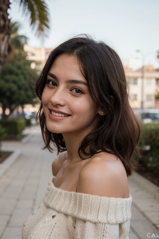 ((Mejor calidad)), ((obra maestra)), (detallado), cara perfecta, mandy kay, sonriente, off-shoulder sweater, cabello  rizado, 20 years old, looking to the camera,perfil, sexy, ojos grandes 