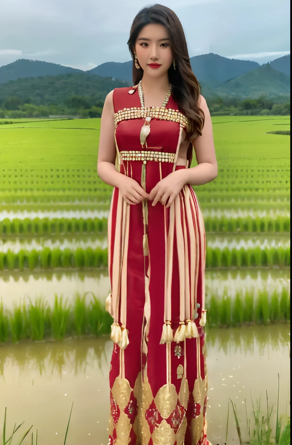 1girl in a red and white dress standing on a Rice field, Karen traditional outfit , Karen traditional costume, wearing an elegant tribal outfit, in style of Karen traditional dress, traditional beauty, wearing a dress made of beads, full length view Karen dress