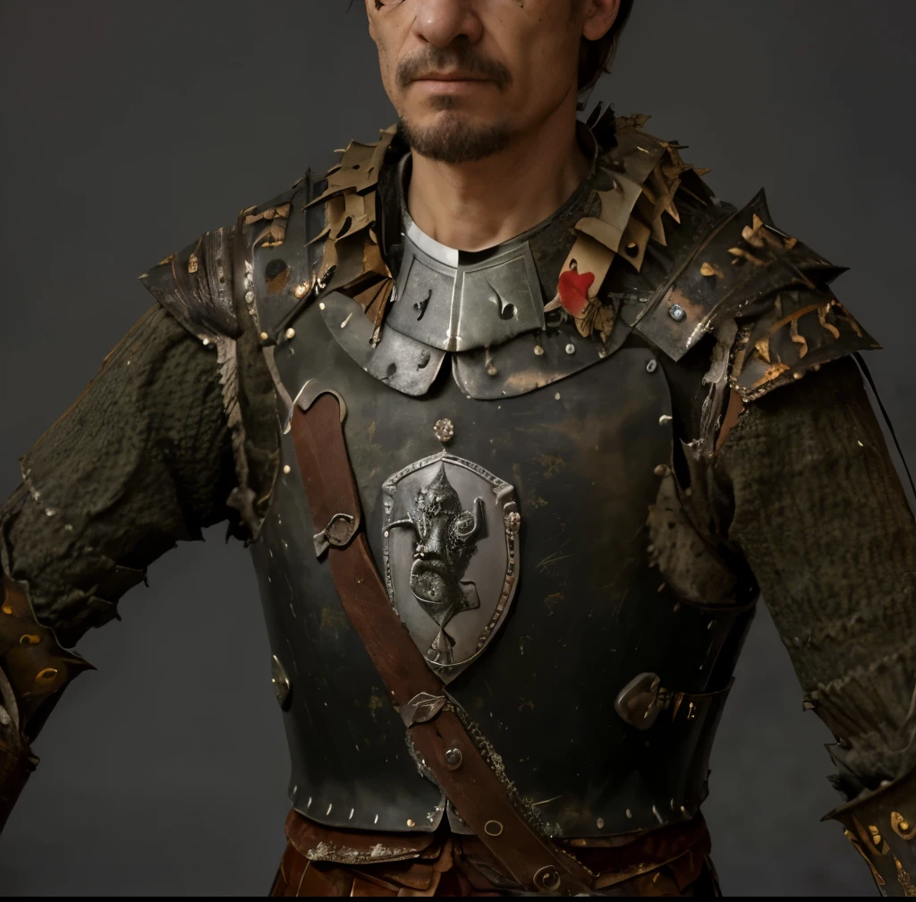 Cuirassier armor, France, circa 1600. 17th century french man in matt iron armor raitar cuirass with heraldic shield on chest, (dents:1.2), (damaged:1.2) after repair