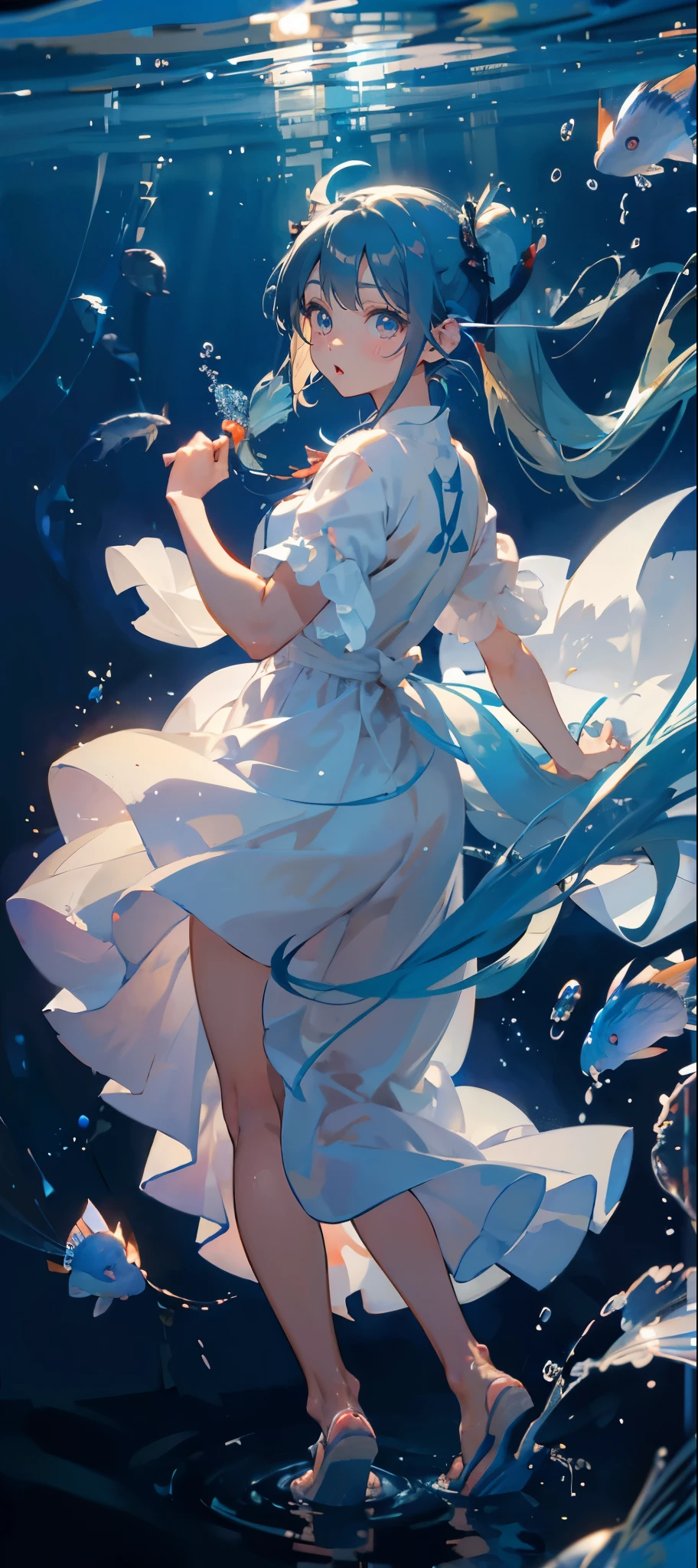 (muste piece), (best quality), very detailed, 1 girl, perfect face, (solo full body shot:1.3), very detailed顔,(Blue-haired twintails:1.5),(blue eyes:1.4),(in water:1.4),(white dress:1.5),Ocean,School of small fish,Light,bubble,jellyfish,Ocean藻,Red fish,Yellow fish,深Ocean,fantasy,Ocean底,float,(Ocean底都市:1.4),open your mouth
