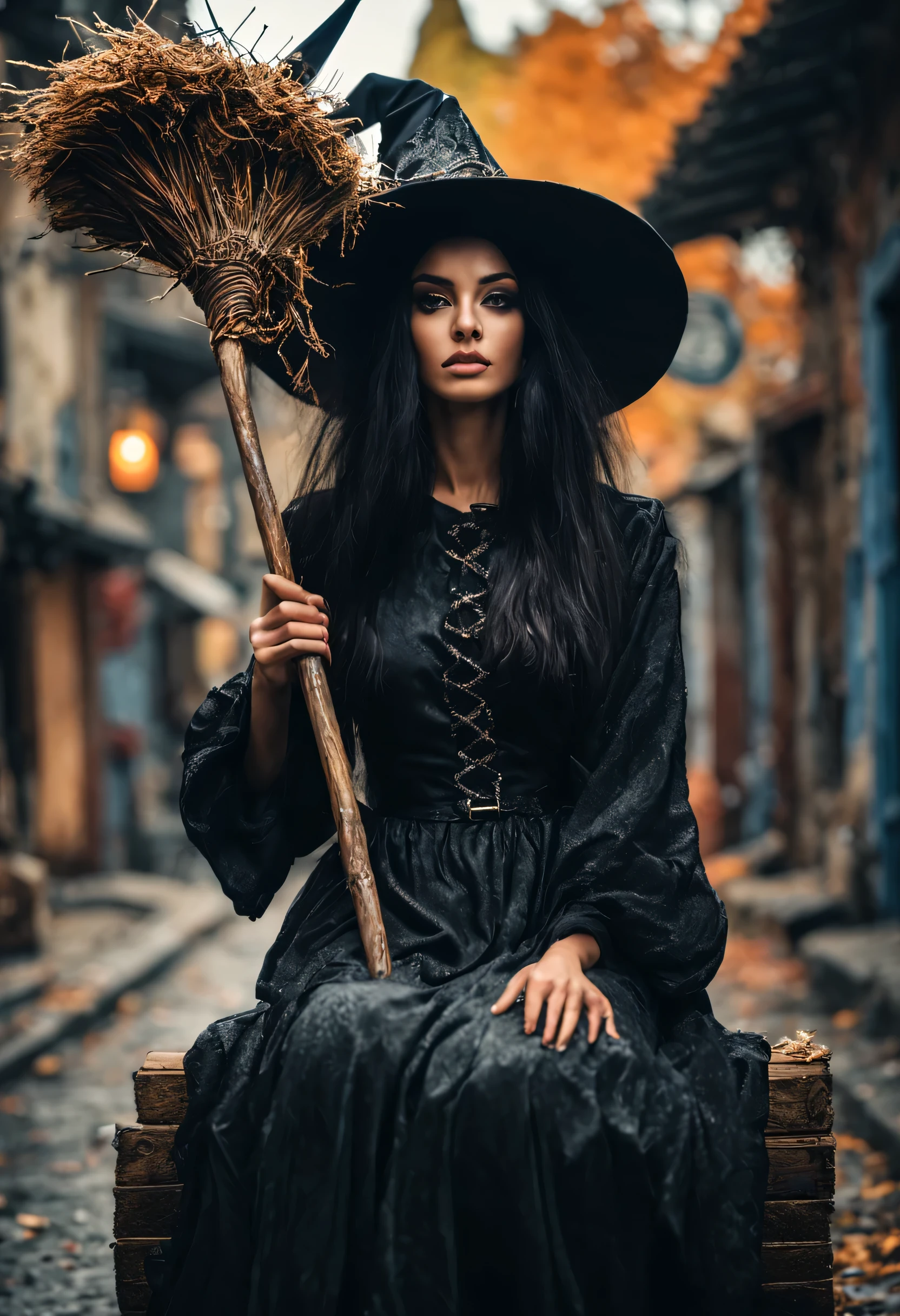 A stunning photo of a witch age 21 sitting on a magical broom, the broom is floating above street, detailed face, edgy, black hair, fantasy art 4K, 64 megapixels 8K resolution HDR; volumetric lighting", surreal hallucinatory intricately detailed sharp focus, windy, FUJIFILM, bokeh