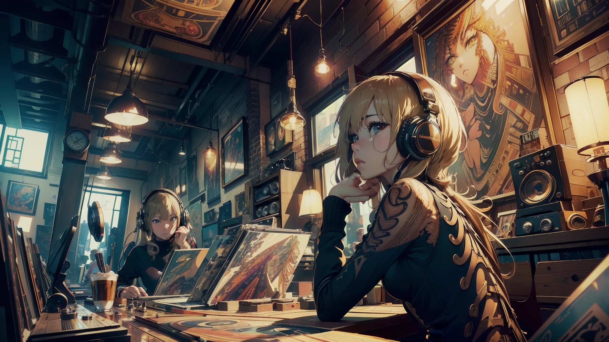 (longshot), wideshot, (film noise), old cartoon, (lots of records:1.3), coffee shop, (masterpiece, highest quality, highest quality, official art, beautiful and aesthetic: 1.2), (woman listening to music with 1 headphones), very detailed, (fractal art: 1.4), supreme detail, coffee makers, (notes: 1.4), ( lo-fi hip-hop), side view,  anime texture, solo, picture of coffee shop