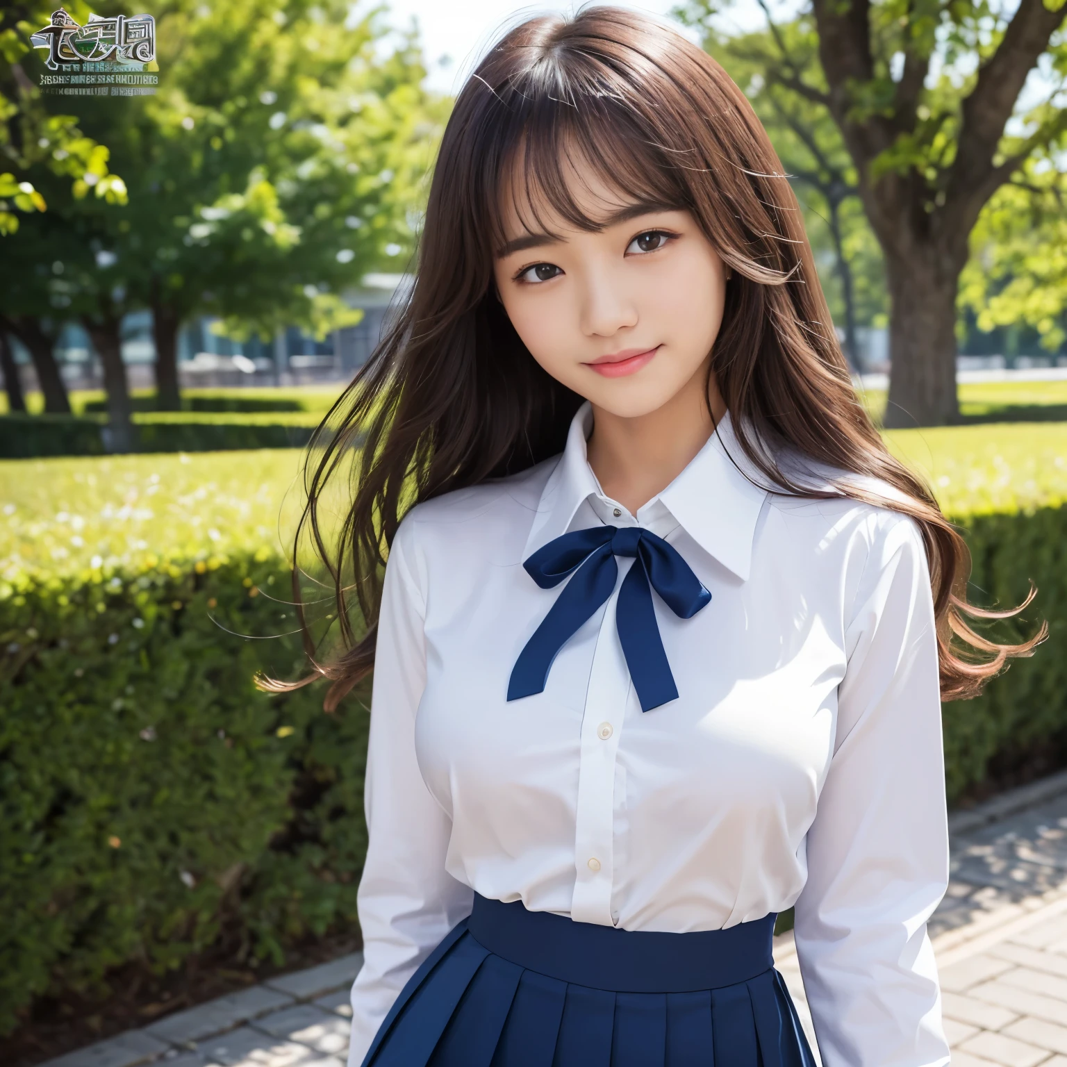 (masterpiece、highest quality、ultra high resolution、8K)、(1 very cute 14 year old girl:1.3)、naive girl、(perfect anatomy:1.1)、(wavy hair:1.1)、(big breasts:1.2)、(emphasize the bust line:1.2)、(high school white shirt:1.2)、(navy pleated skirt:1.2)、(Uniform ribbon that fits perfectly on the chest:1.2)、(Beautiful glowing skin:1.2)、Moist eyes、Brown glittery hair、Colors and landscapes of youth、feelings of love、Outside、A shy smile looked at me、(very bright and refreshing:1.2)