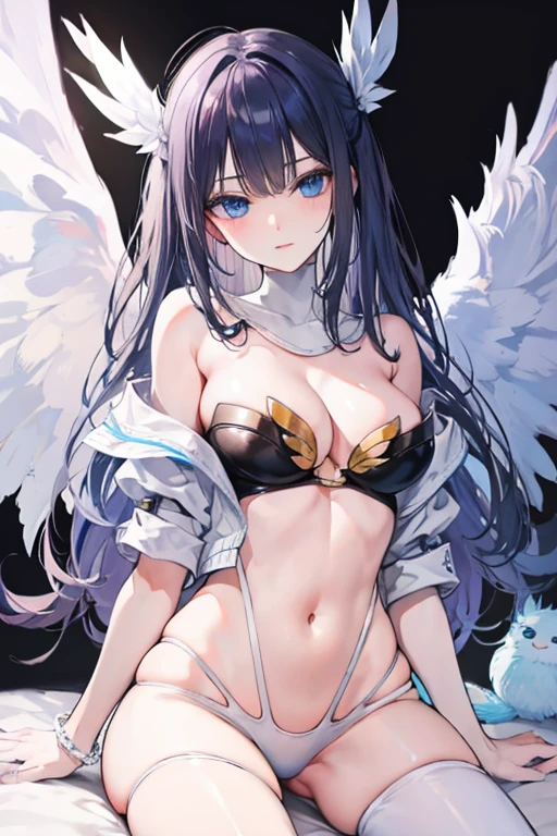 Black hair, blue eyes, large breast, sexy, beautiful body, bed, Masterpiece, angel, white wings, smile