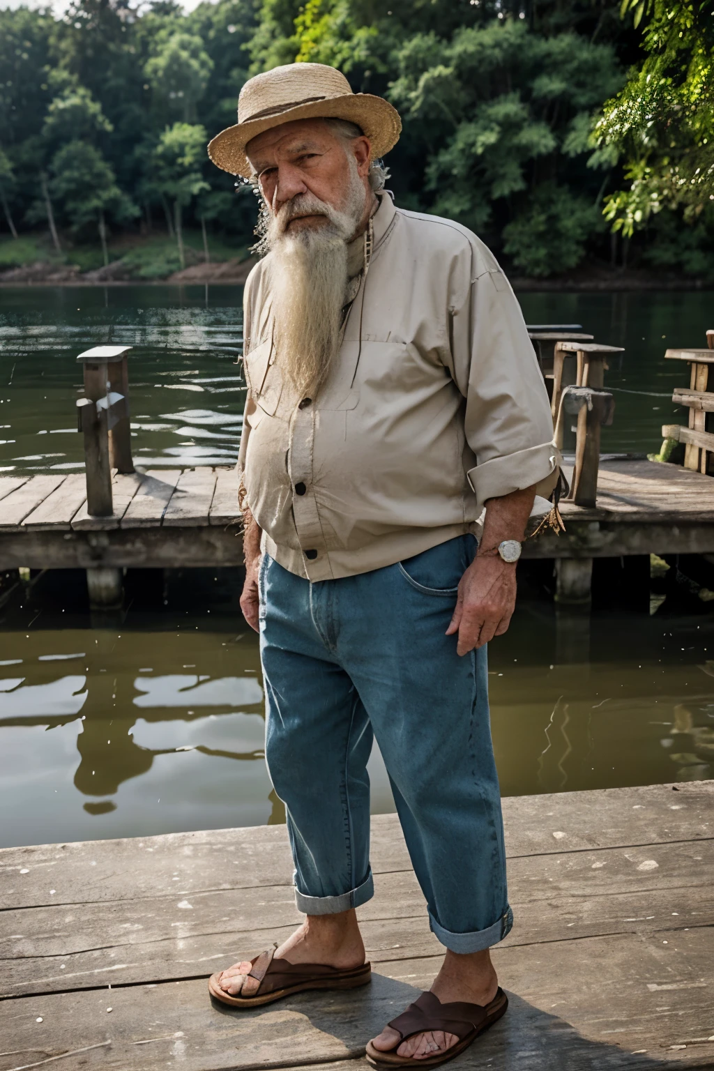 elderly, old, 70 years old. big white beard, old clothes, fisherman, wrinkles, big nose, straw hat, old fisherman's clothes, tired face, short man, thin man, very ugly old man. (location: fishing pier, lake, forest in the background, wooden bridge)