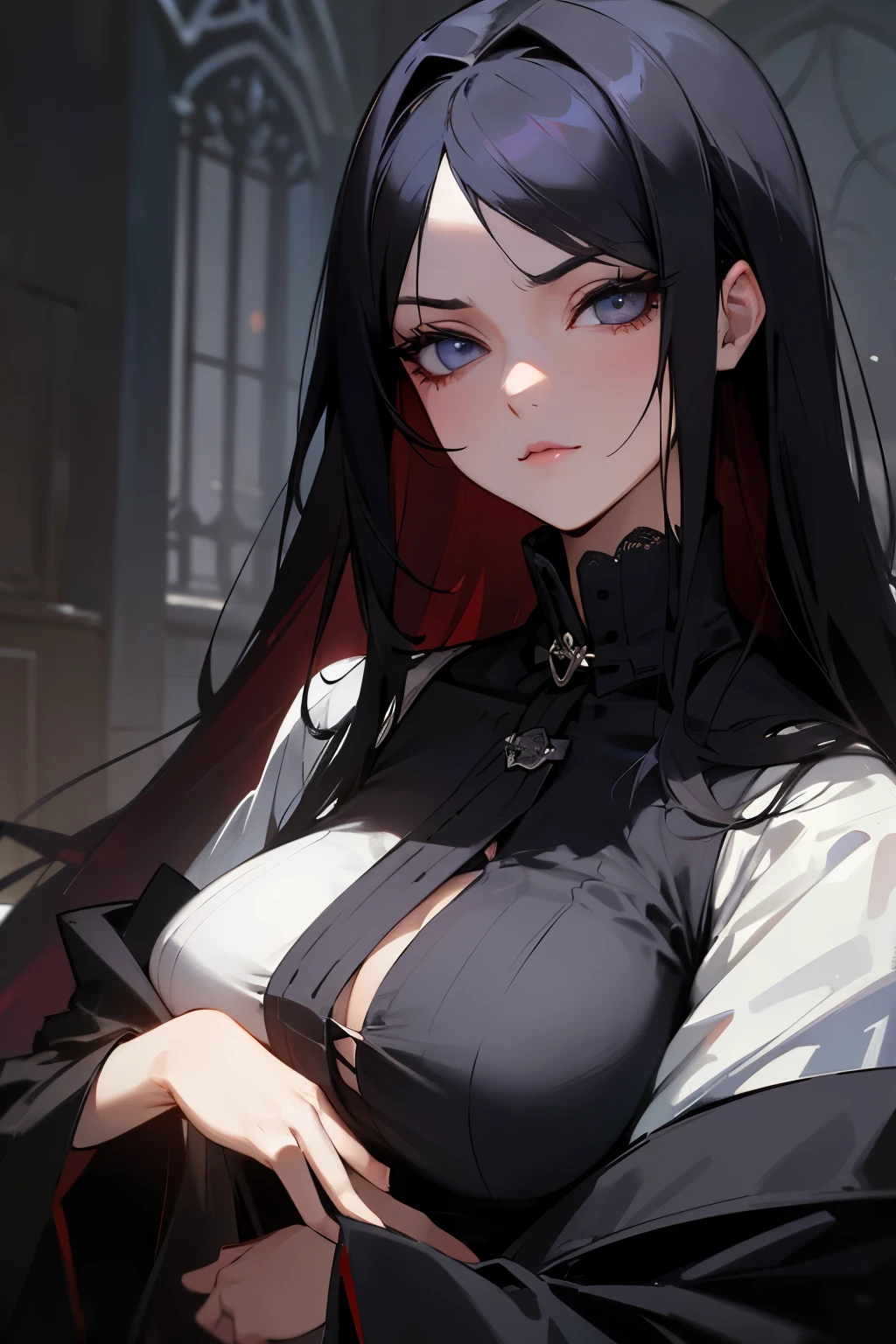 masterpiece, (midnight), anime female, 1woman, gothic, vampires, inside dark mansion, stoic, aloof, serious, hot, ((mature)), breasts, eyelashes, black hair, light eyes, no bangs, long hair